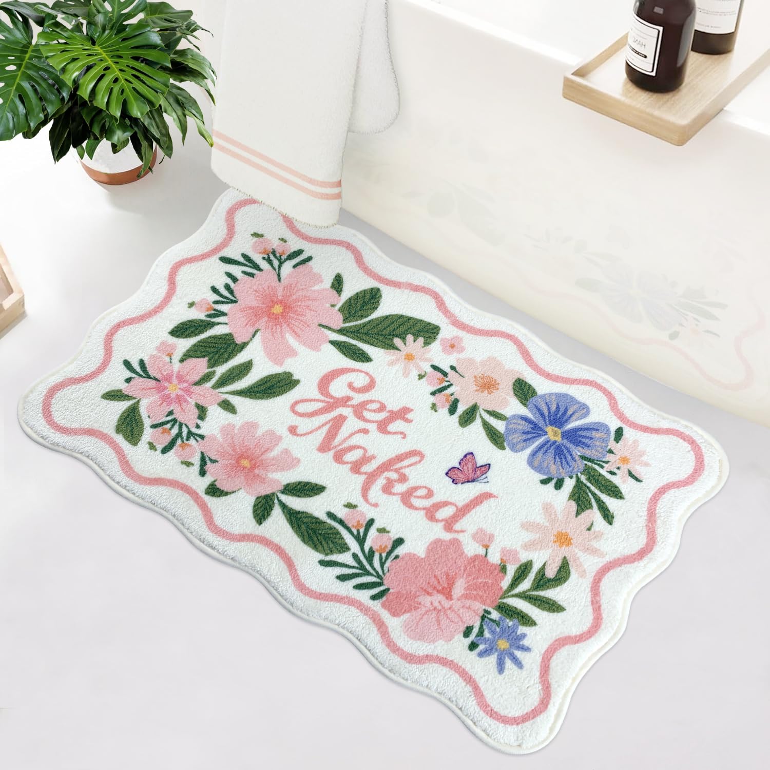 SHIYUE Cute Get Naked Bath Mat，Ultra Soft and Fluffy Microfiber Water Absorption Non Slip Mat for Bedroom Kitchen Bathroom Rug(18"×26" Pink Flower)