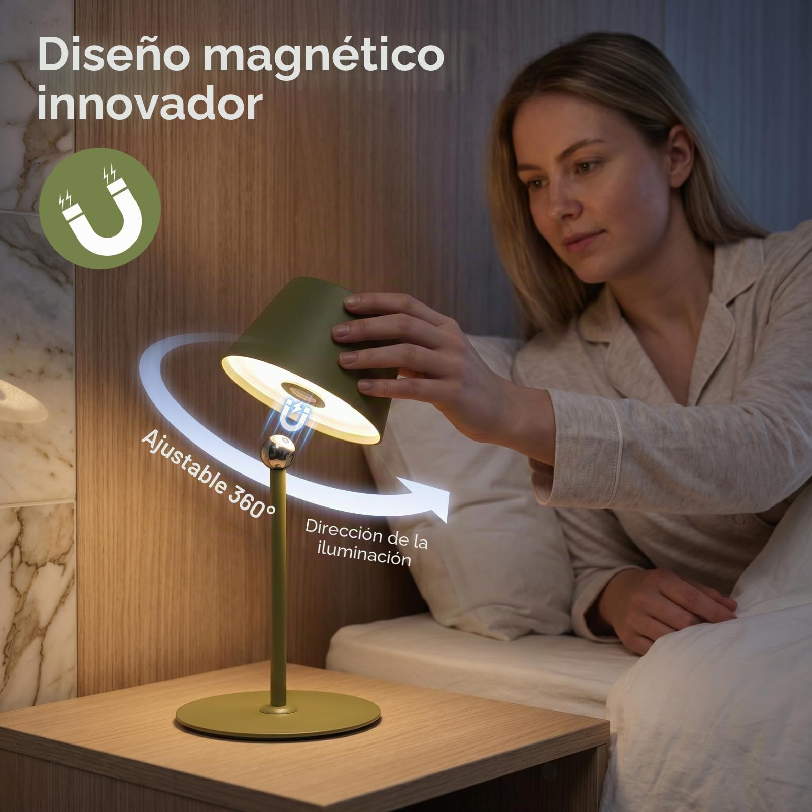Aigostar 2 Piezas Lámpara de Mesa Magnética Táctil, Lámpara de Mesita de Noche Inalámbrica con 3 Temperaturas de Color y Brillo Regulable, Recargable USB para Dormitorio, Estudio (Verde)