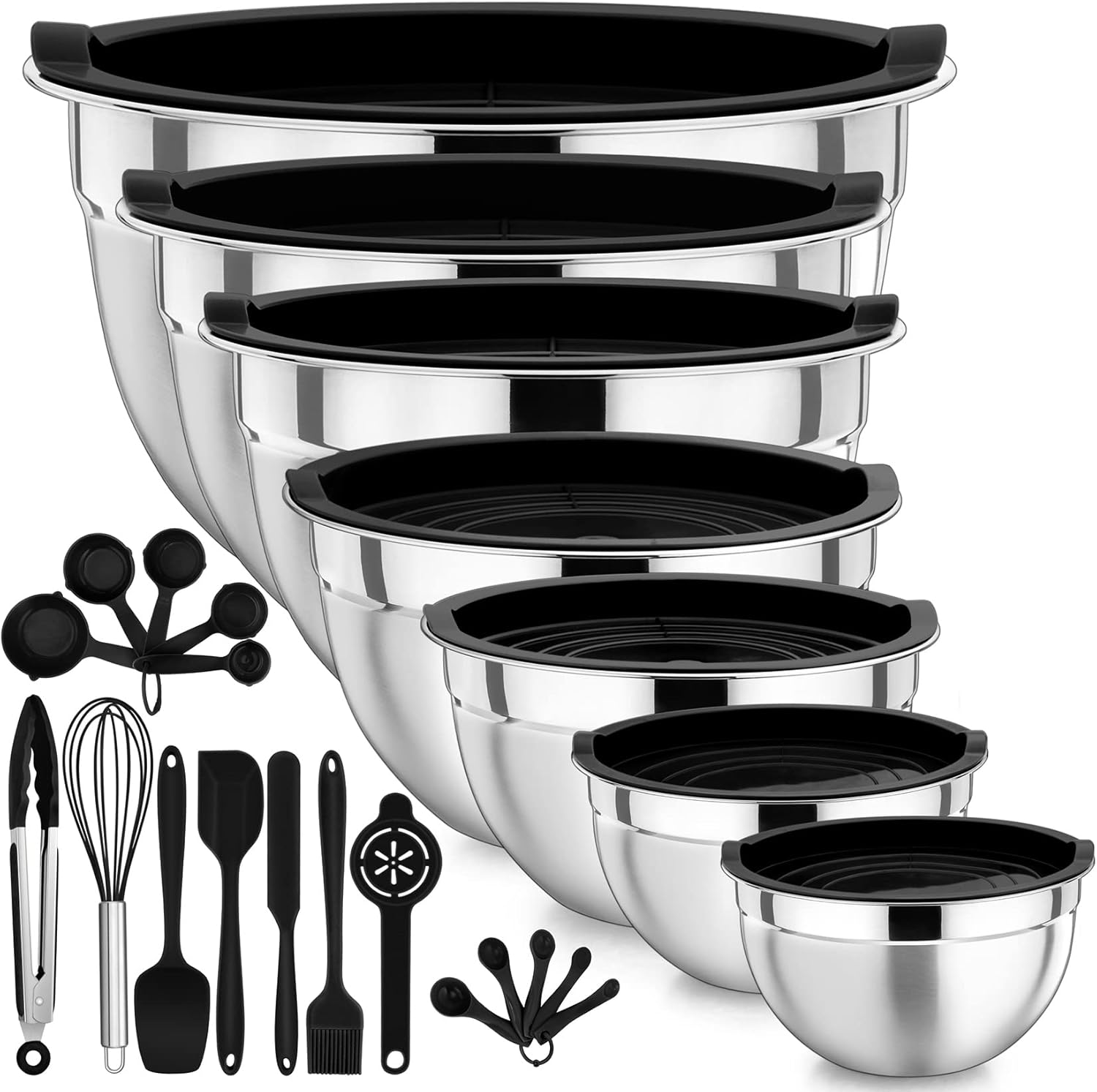 P&P CHEF Mixing Bowls with Lids Set of 7, Stainless Steel Nesting Salad Serving Bowls with 17Pcs Kitchen Tools for Prepping, Cooking, Storing, Sizes- 0.7, 1, 1.5, 2, 2.6, 4.6, 7 Qt – Black P&P CHEF Mixing Bowls with Lids Set of 7, Stainless Steel Nesting Salad Serving Bowls with 17Pcs Kitchen Tools for Prepping, Cooking, Storing, Sizes- 0.7, 1, 1.5, 2, 2.6, 4.6, 7 Qt – Black