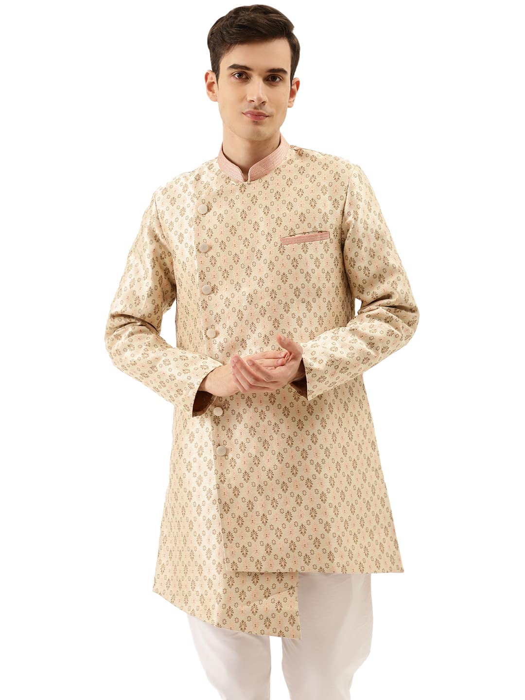 Manyavar Indowestern i Patiala zestaw dla mężczyzn, pełne rękawy, kołnierz mandarynki, mieszanka jedwabiu, Indowesten, 2-częściowy, beżowy