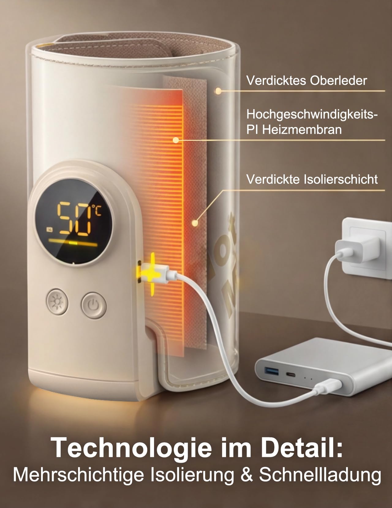 Flaschenwärmer Baby unterwegs mit 8000mAh Babyflaschenwärmer LED (Gelb) | 8000mAh Akku, LED-Display & Nachtlicht, 6 Stufen (38–50°C), USB-C, hält 6–10h warm, für Glas/PPSU/Silikon.