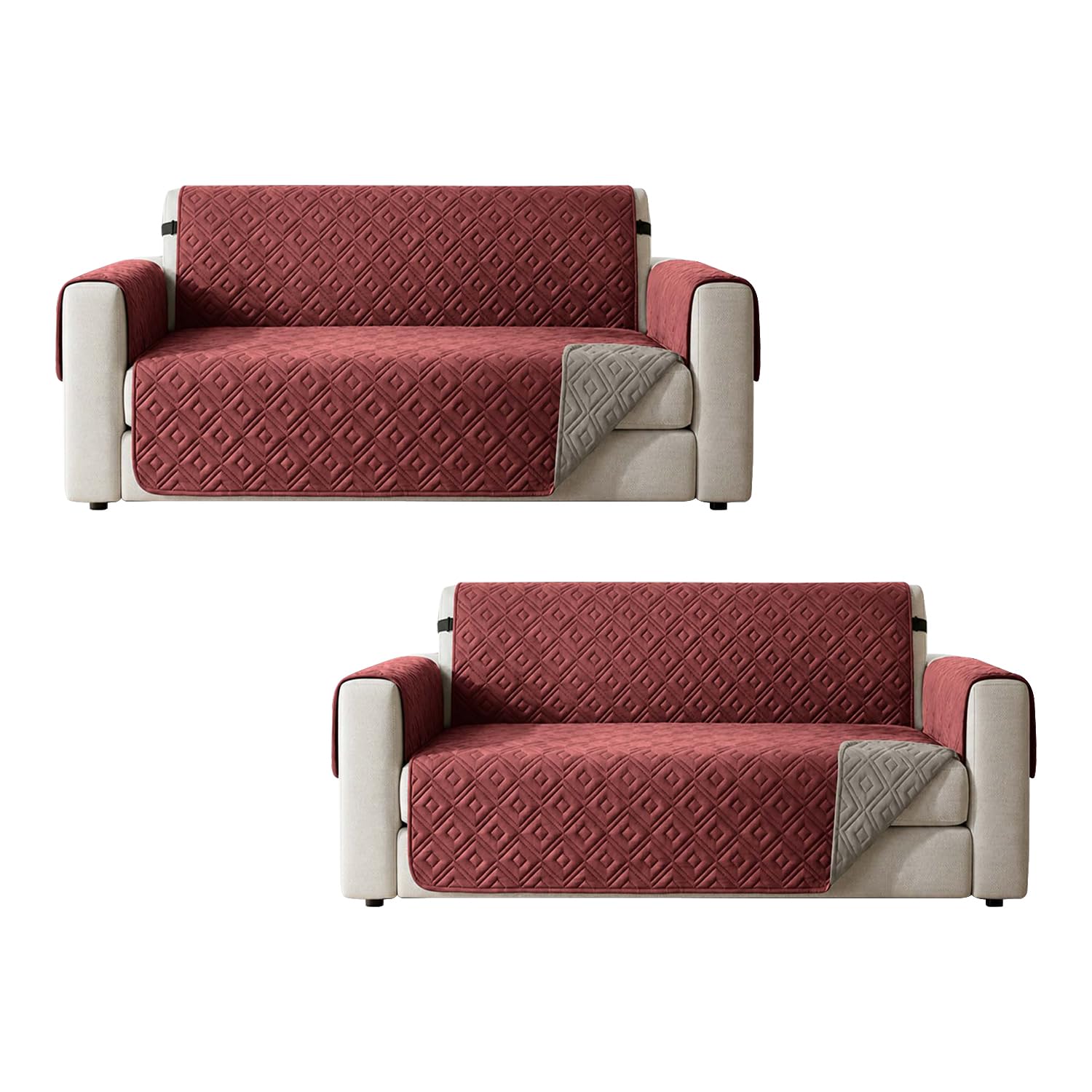 Hafaa Sofa Cover 2 Seater Water Resistant Sofa Slipcovers 2 Pack Burgundy/Beige Non Slip Reversible Sofa Covers with Elastic Strap - Washable Sofa Protectors from Pets/Kids/Dogs