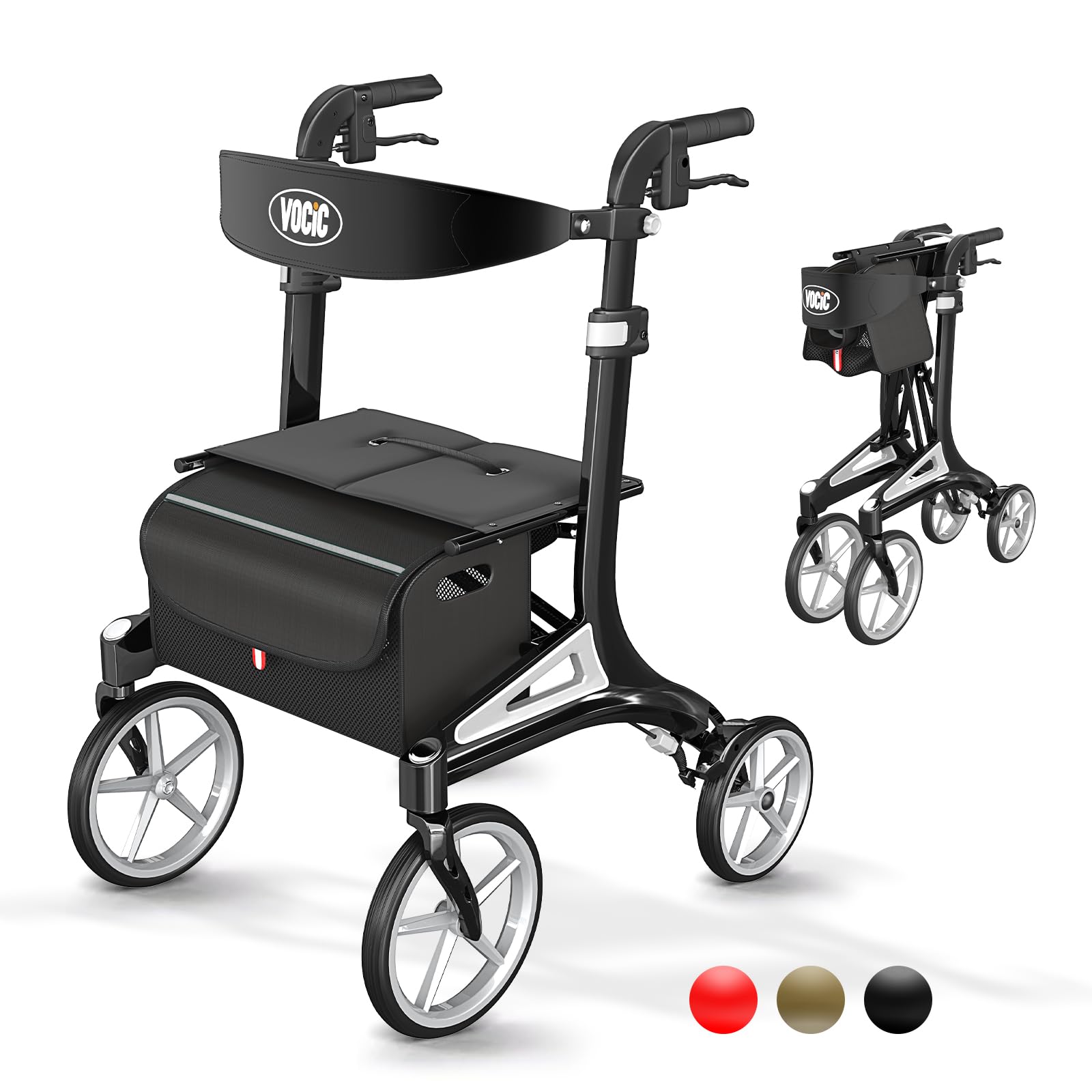 Walkers for Seniors Lightweight, VOCIC Premium Walkers for Seniors with Seat Pre-Assembled, Aluminum Folding Rollator Walker-Inky Black