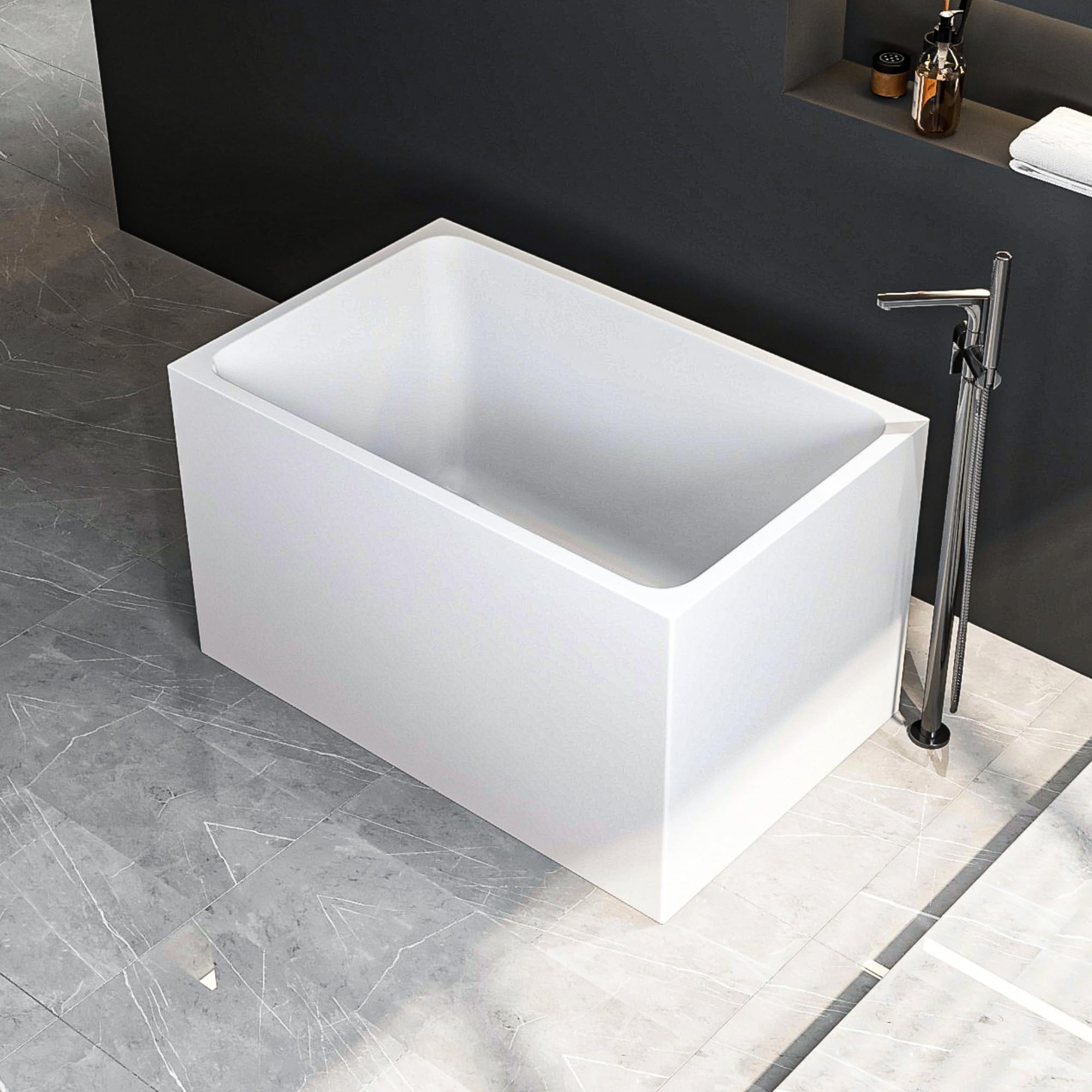 43" Acrylic Freestanding Bathtub, Japanese Soaking Tub Spacious Rectangular Shape, Modern Soaking Bathtub, Gloss White Finish, Chrome Slotted Overflow & Pop-Up Drain