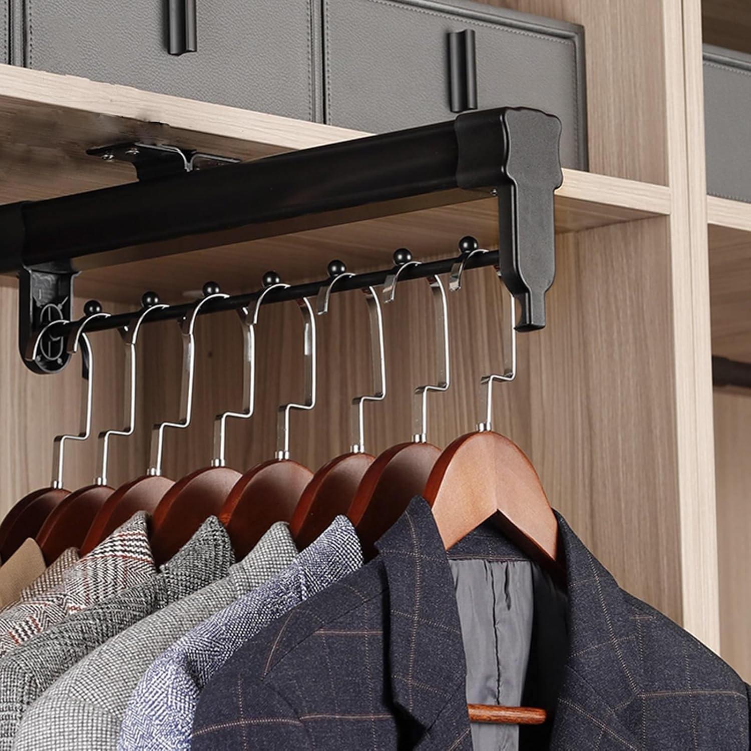 Top-mounted telescopic clothes hanger, Extendable Clothes Hanger, Upgraded dual guide rails, Divider bead design, Load 25kg(14.1in/360mm)