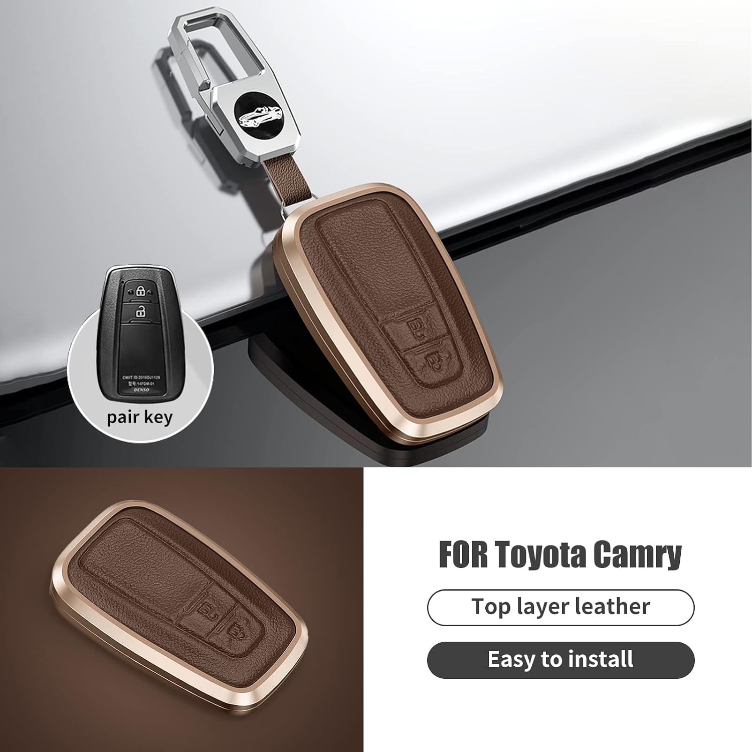 KUNGKIC Car Smart Key Fob Cover Case For Toyota CHR C-HR Camry Prius Prado Corolla RAV4 Aluminum Alloy & Leather Protector Keychain Accessories 2 Button Brown