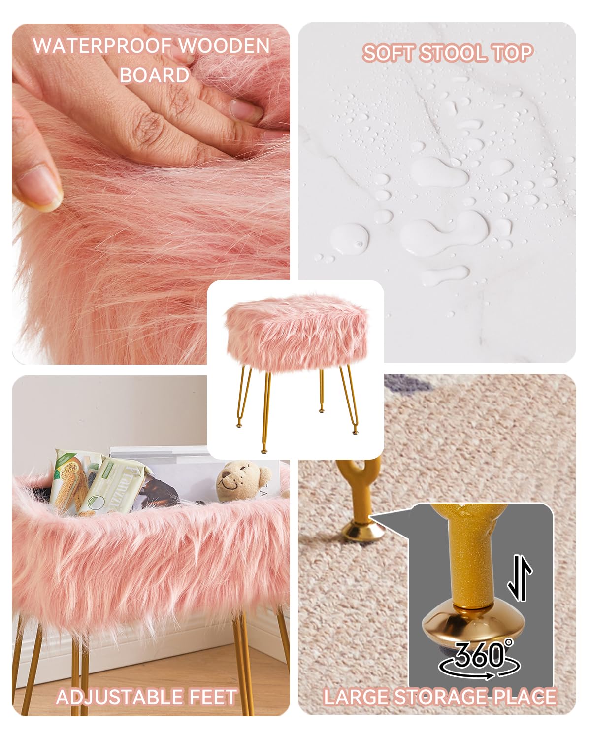 IBUYKE Rectangular Faux Fur Vanity Stool con Almacenamiento, Silla de Maquillaje Peluda otomana, Asiento Acolchado Suave, reposapiés Redondo con 4 Patas de Metal, Rosa WBD022P