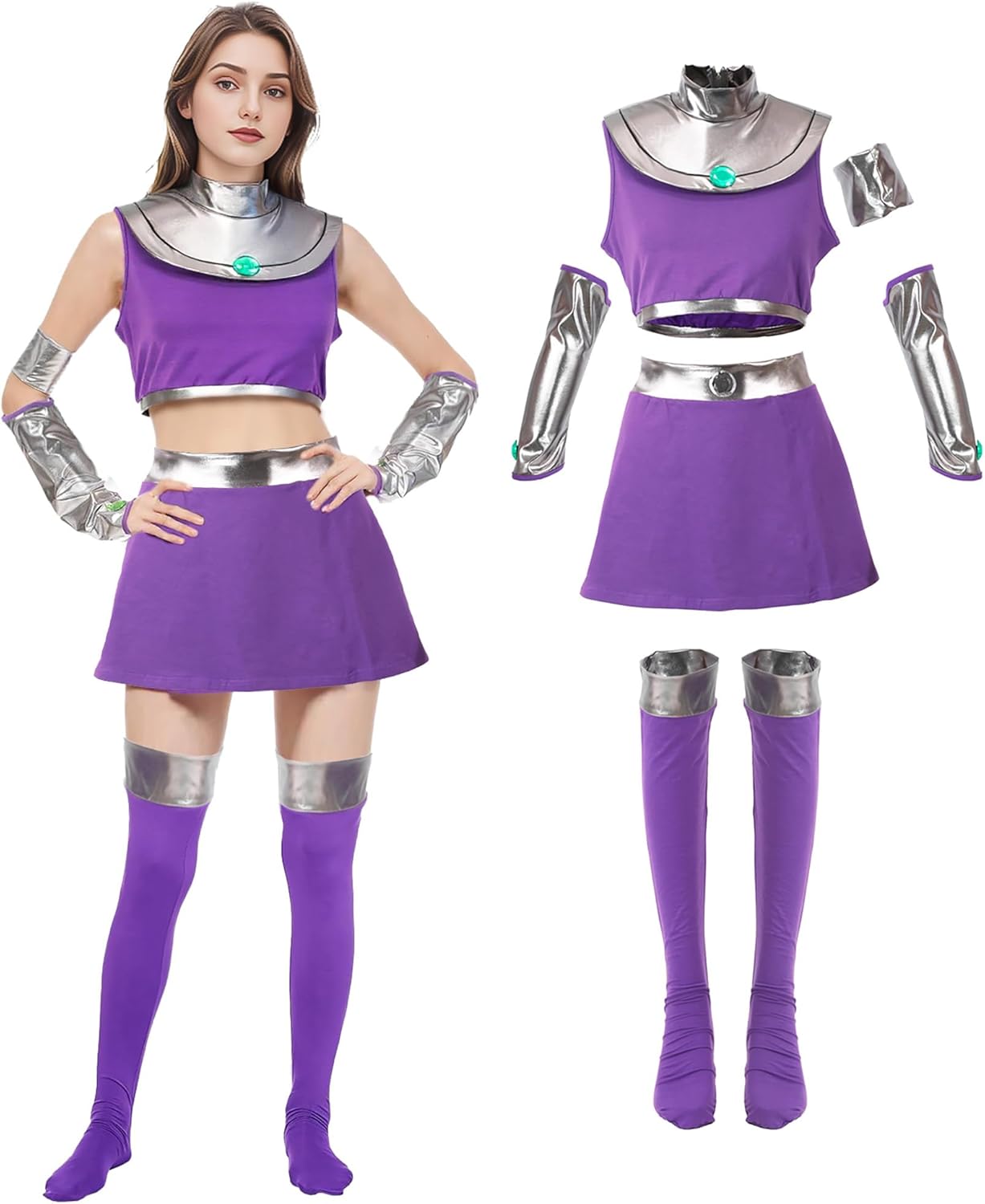 6Pcs Women Starfire Costume Cosplay Outfit Princess Koriand'r Skirt Top Dress Up with Gloves Socks for Halloween Adult Small