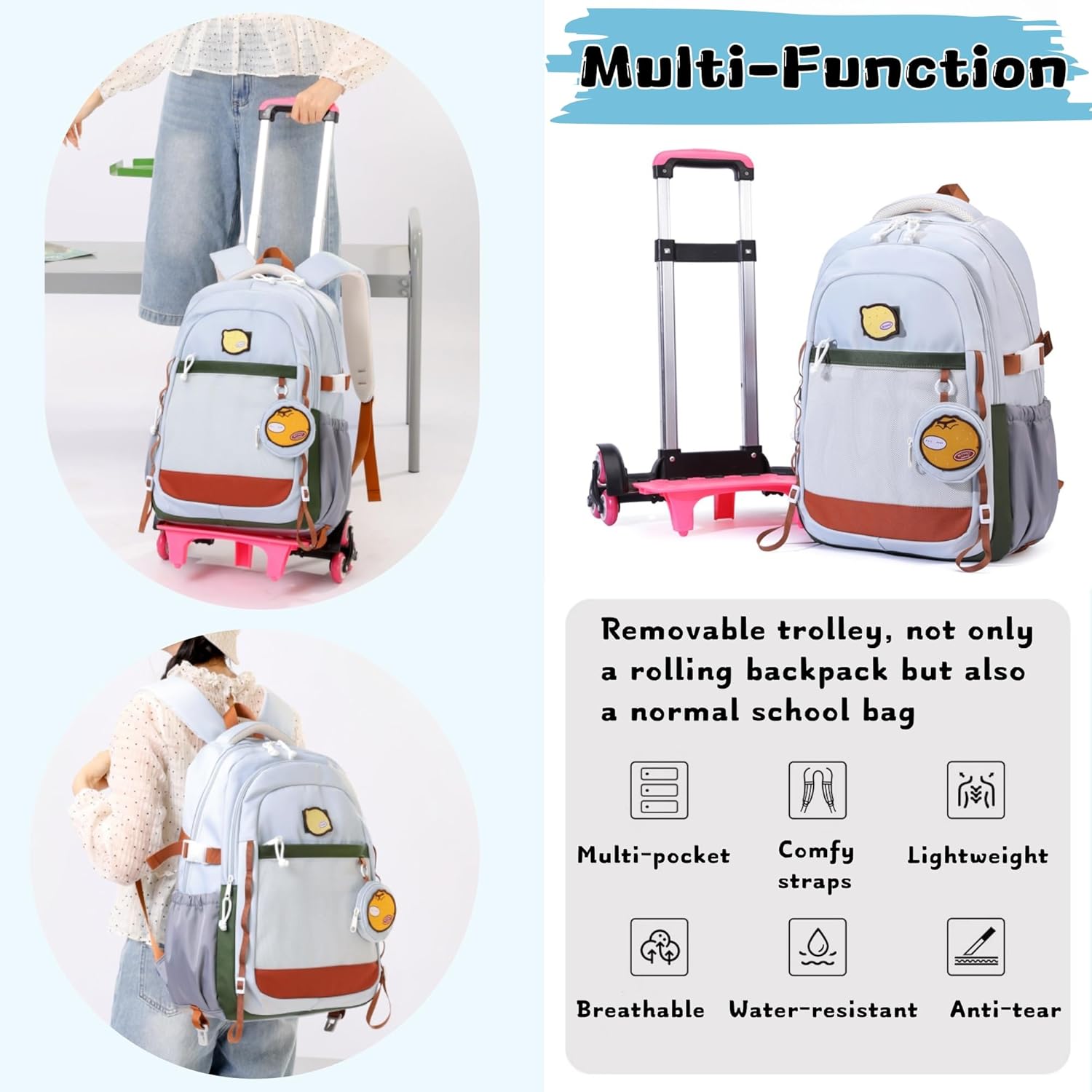 Kids Rolling Backpack for Girls Boys School Bag, Wheeled Bookbag Backpack for School Kids with 6 Wheels, Black - Image 3