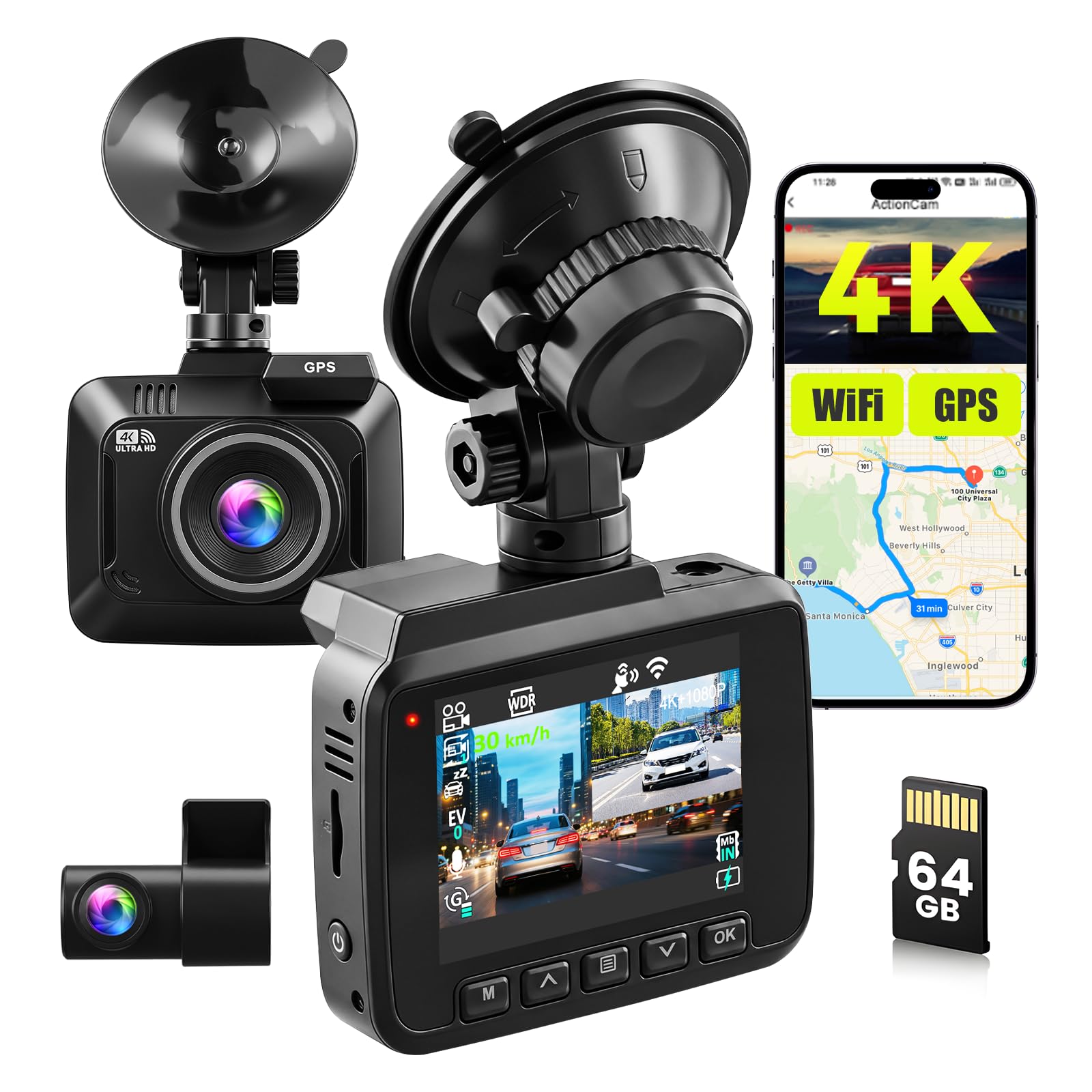 Inefala 4K Dual Dashcam mit GPS WiFi & APP 64 GB-Karte 2,4 Zoll IPS