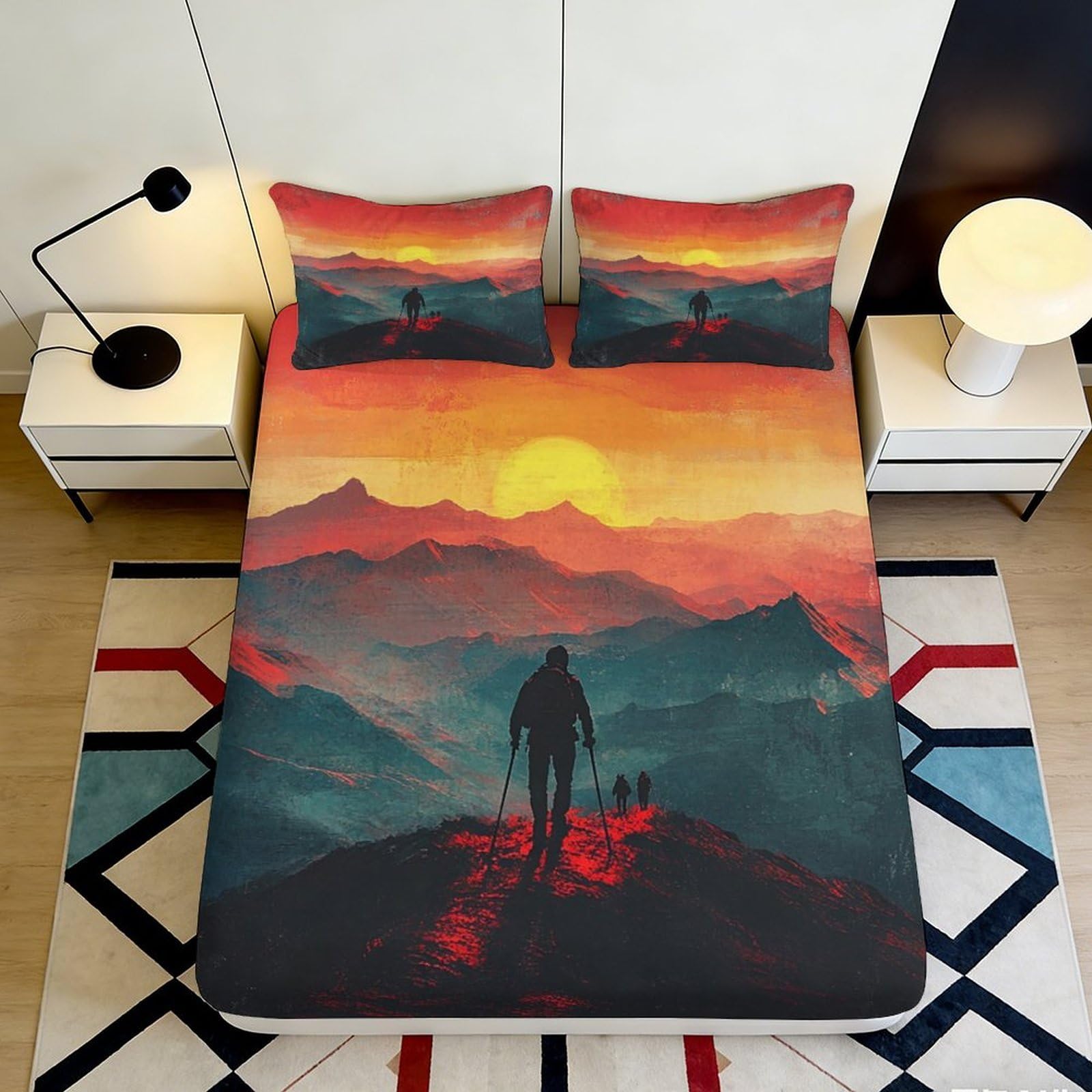 3D Printed Sunset Mountain Fitted Sheet Microfiber Soft Scenic Landscape Mattress Cover for Bedroom Guest Room Decor 90x200x25cm