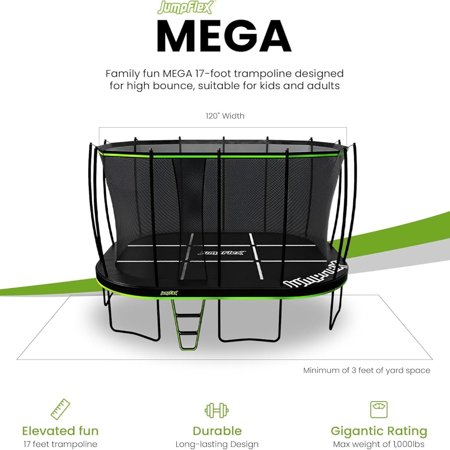 JumpFlex MEGA Round Outdoor Trampoline with Net Enclosure and Ladder, 17ft with SMARTSHADE Canopy Cover, for Kids and Adults, Green/Black