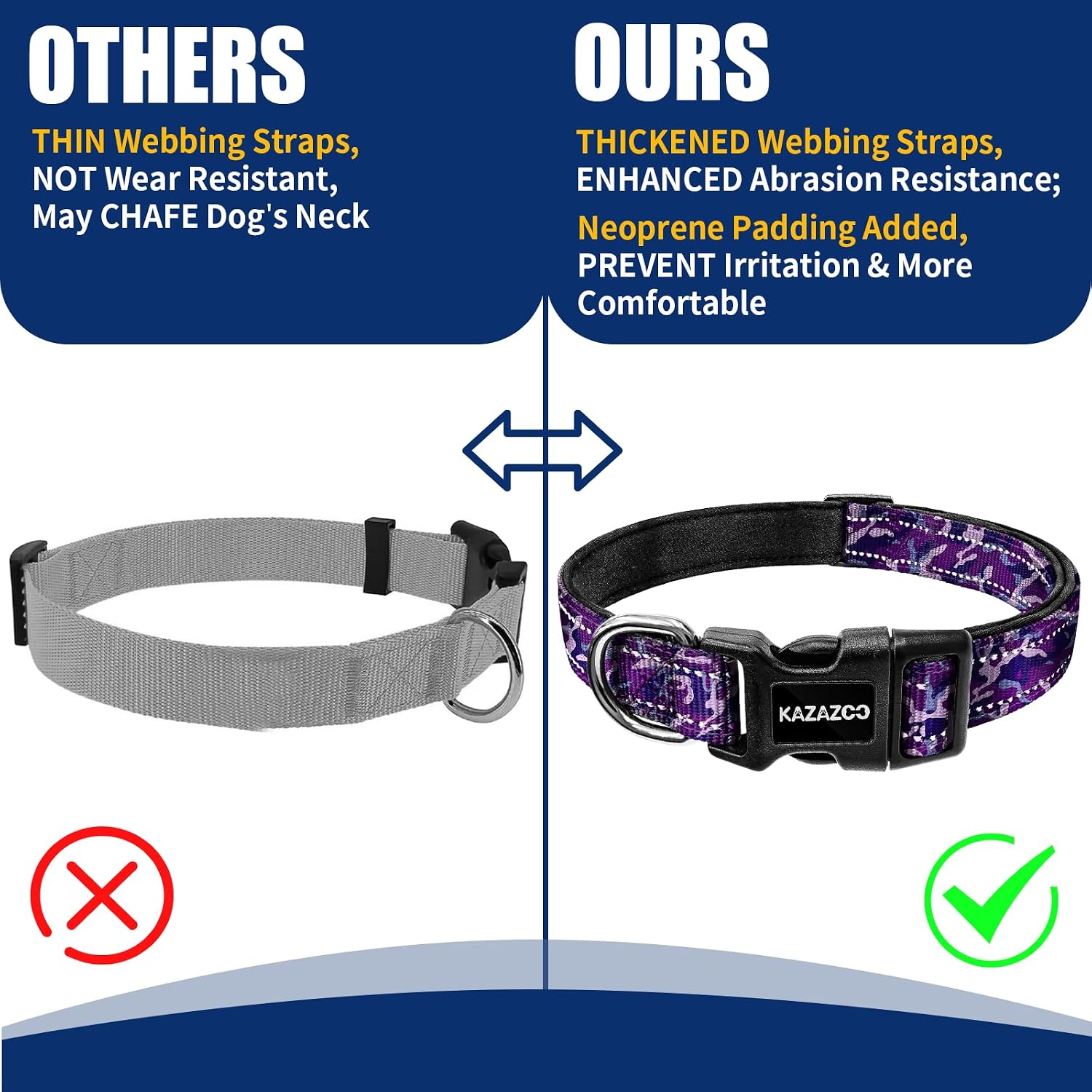 Kazazoo Large Dog Collar, Reflective Nylon Collar,No Pull,Heavy Duty Collar,Soft Neoprene Quick Release Buckle Dog Collars for Labrador Retriever,German Shepherd,Golden Retriever-Purple camo-L
