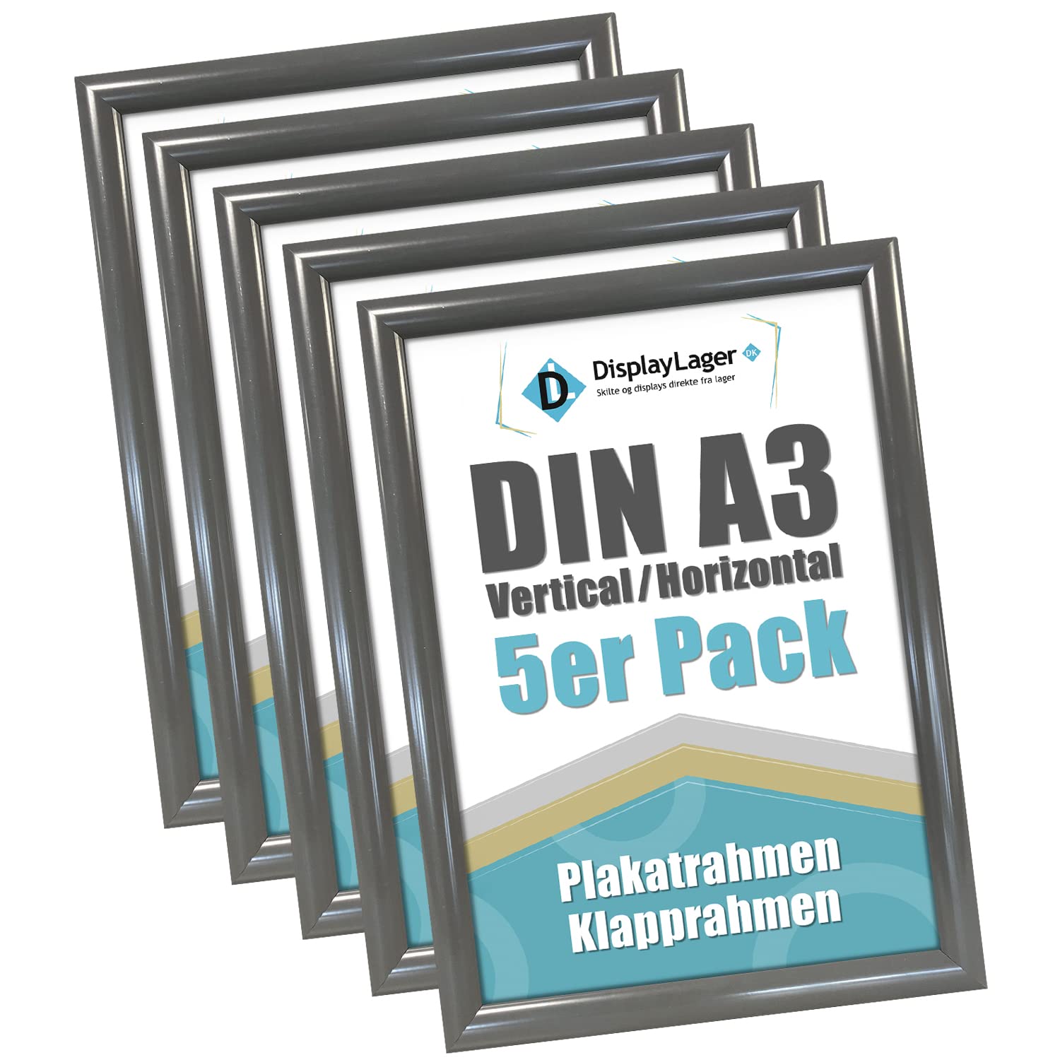 DisplayLager Zestaw 5 sztuk, antracytowo-szare, DIN A3, składana rama z profilem aluminiowym 25 mm, antyodblaskowa szyba, materiał mocujący