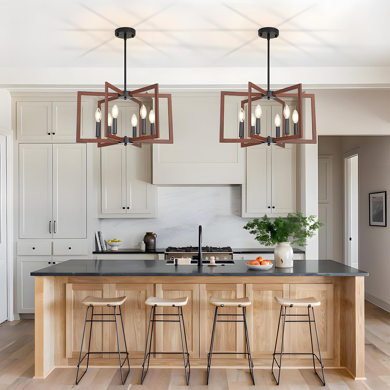 22" Farmhouse Chandeliers for Dining Room,6-Light Industrial Light Fixtures Over Table, Modern Faux Walnut Chandeliers,Rustic Pendant Light for Kitchen Island,Bedroom,Entryway,Foyer