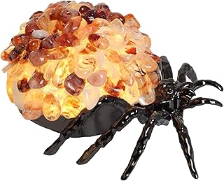 Fire Quartz Crystal Spider W1142 Night Light, USB Powered Decorative Lamp with Gemstone Shell and Bronze Metal Base, Healing Stone Accent Light for Home, Office
