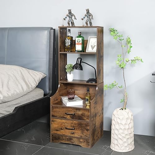 Miniatura 7 de Mesita de noche de 6 niveles con valla lateral trasera mesas auxiliares industriales con 2 cajones de almacenamiento mesitas de noche altas armario