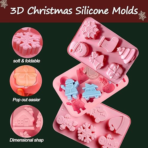 Miniatura 6 de Paquete de 3 moldes de silicona de Navidad para hornear, moldes de silicona para Navidad, moldes de jabón para chocolate, gelatina, muñeco de nieve,