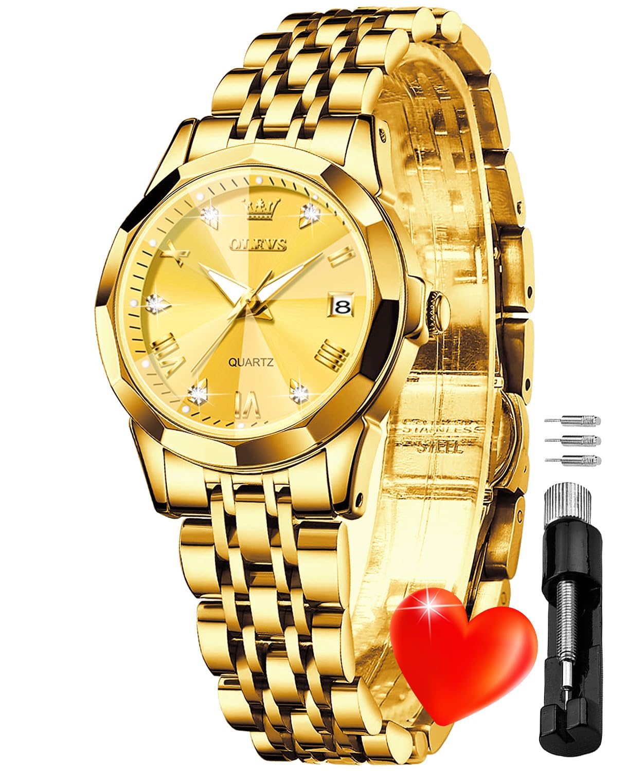 OLEVS Reloj de pulsera para mujer de plata elegante con diamantes pequeños de acero inoxidable de dos tonos con fecha y día de cuarzo analógico para mujer, Tono-dorado, Reloj de pulsera de joyería