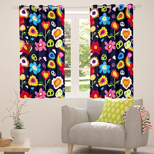 Miniatura 83 de Erosebridal Cortinas retro de los años 60 y 70 de 84 x 63 pulgadas, cortinas opacas rústicas de flores psicodélicas para hombre y mujer, diseño