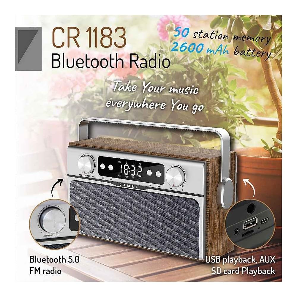 Camry CR1183 Radio Bluetooth, Diseño Retro, Sintonizador FM, 2 Altavoces 8 W, Memoria 50 Emisoras, Reproducción MP3, Puerto USB y Tarjeta SD, Inalámbrica, Portátil, Pantalla LCD, Madera/Acero