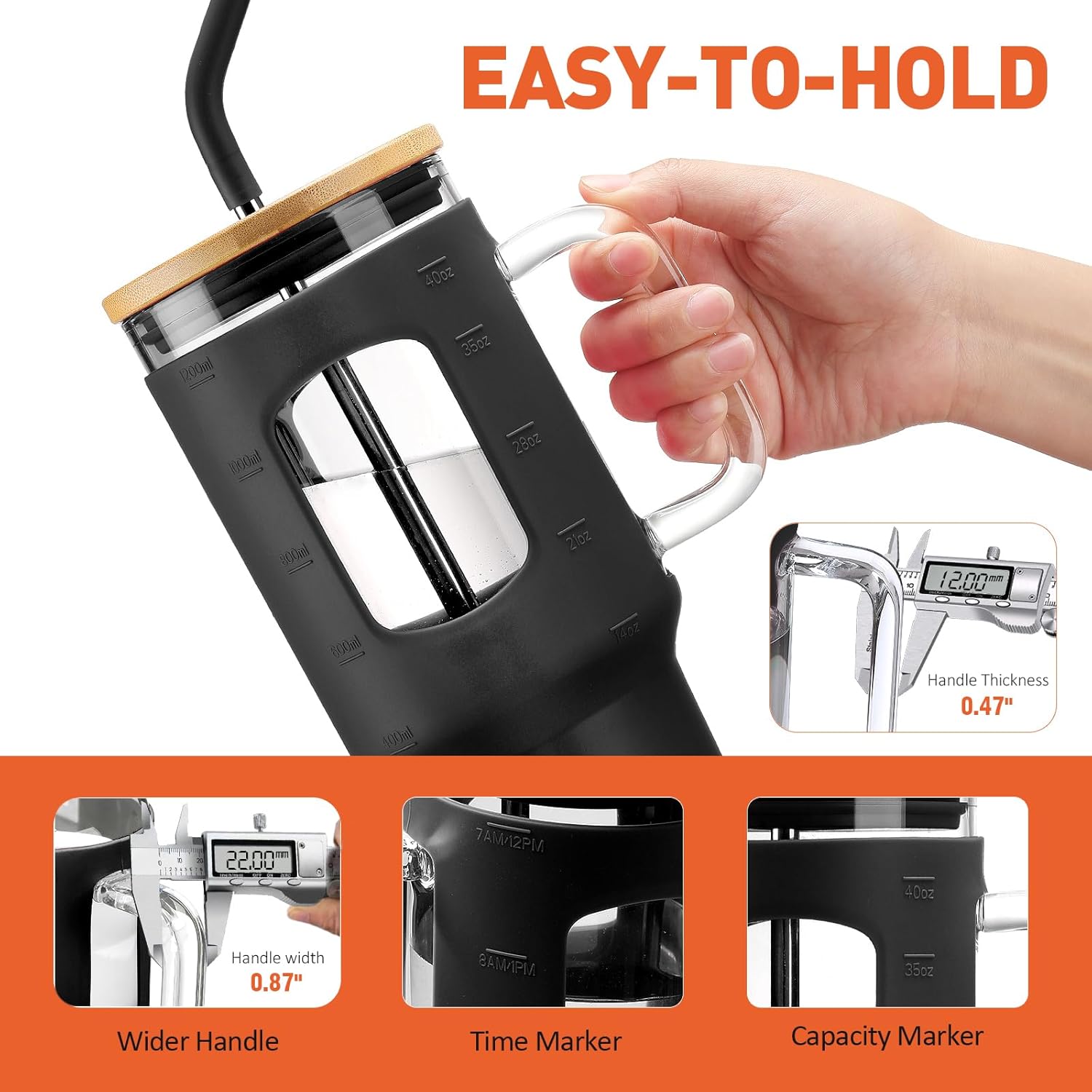 Glass Tumbler with Straw and Lid, 40 oz glass cup with handle, Glass Water Bottles with Time Marker, Silicone Protective Sleeve-Black - Image 2