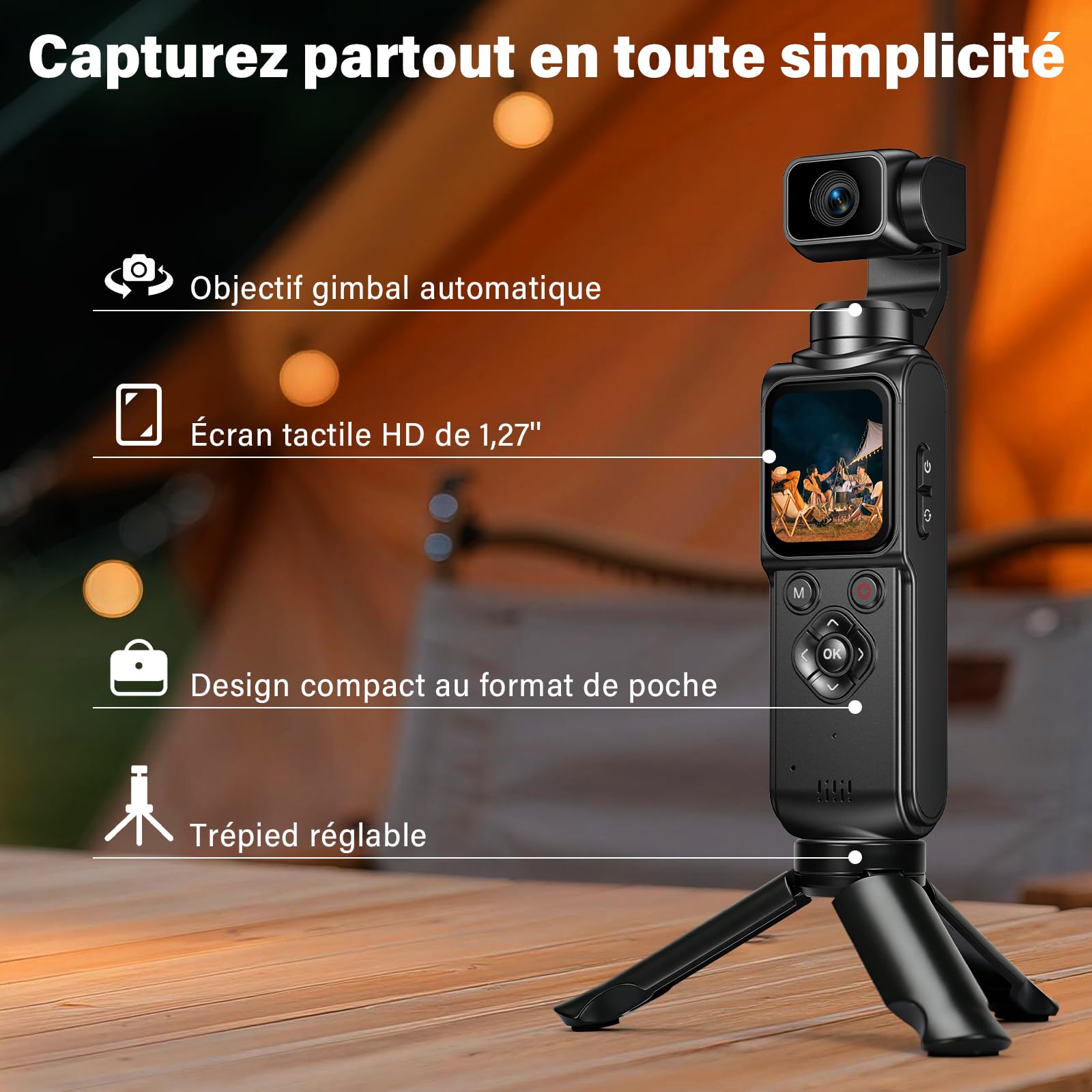 Caméra Vlog 4K Stabilisée avec Gimbal 2 Axes, Écran Tactile, Carte 64Go, Suivi Facial, 200 Min, Compacte Sport Vlog