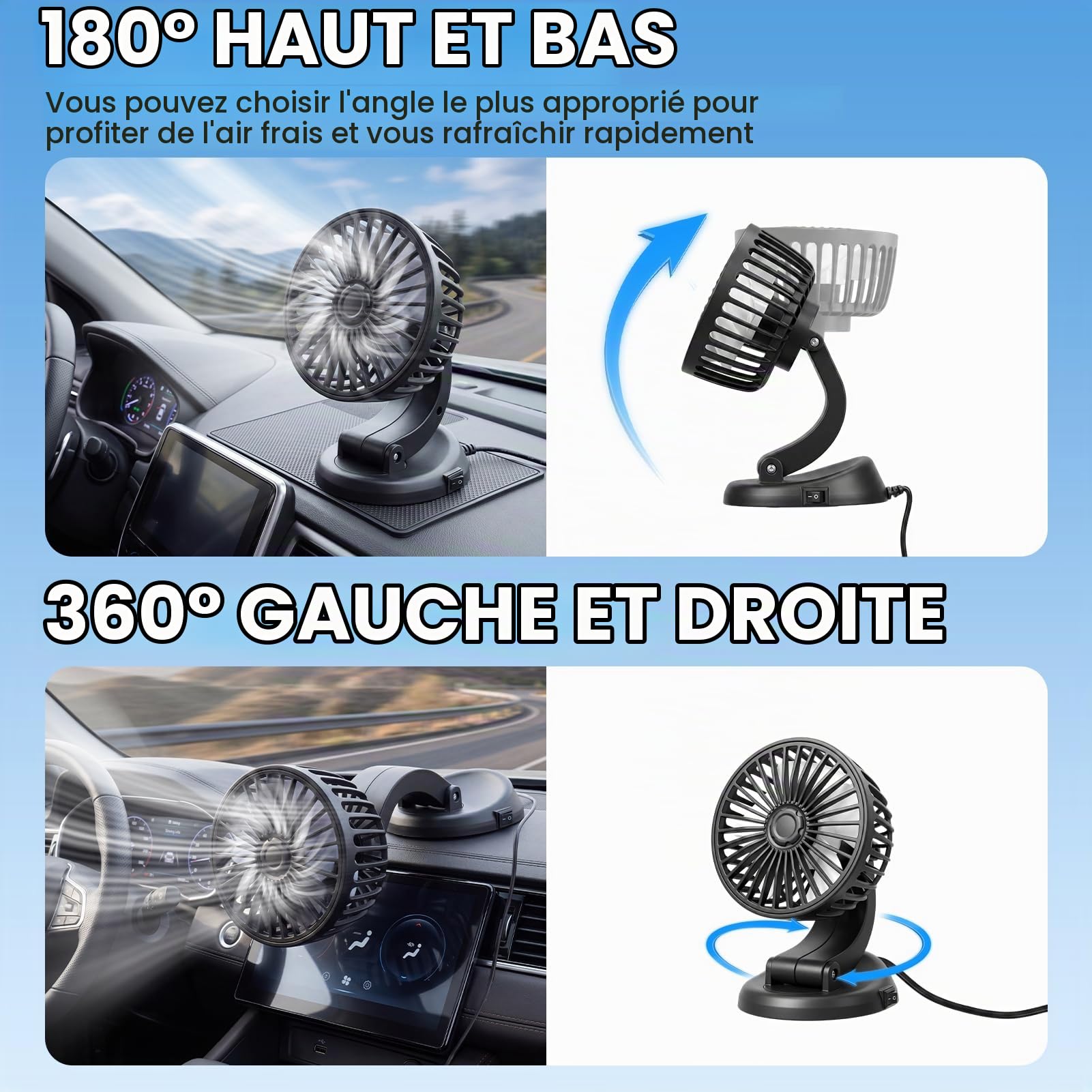 Coikes Ventilateur de Voiture 5V Ventilateur de Refroidissement de Voiture Rotatif à 360° Ventilateur de Véhicule USB Ventilateur de Bureau pour SUV RV Bateau Véhicules Camping (Noir, A)