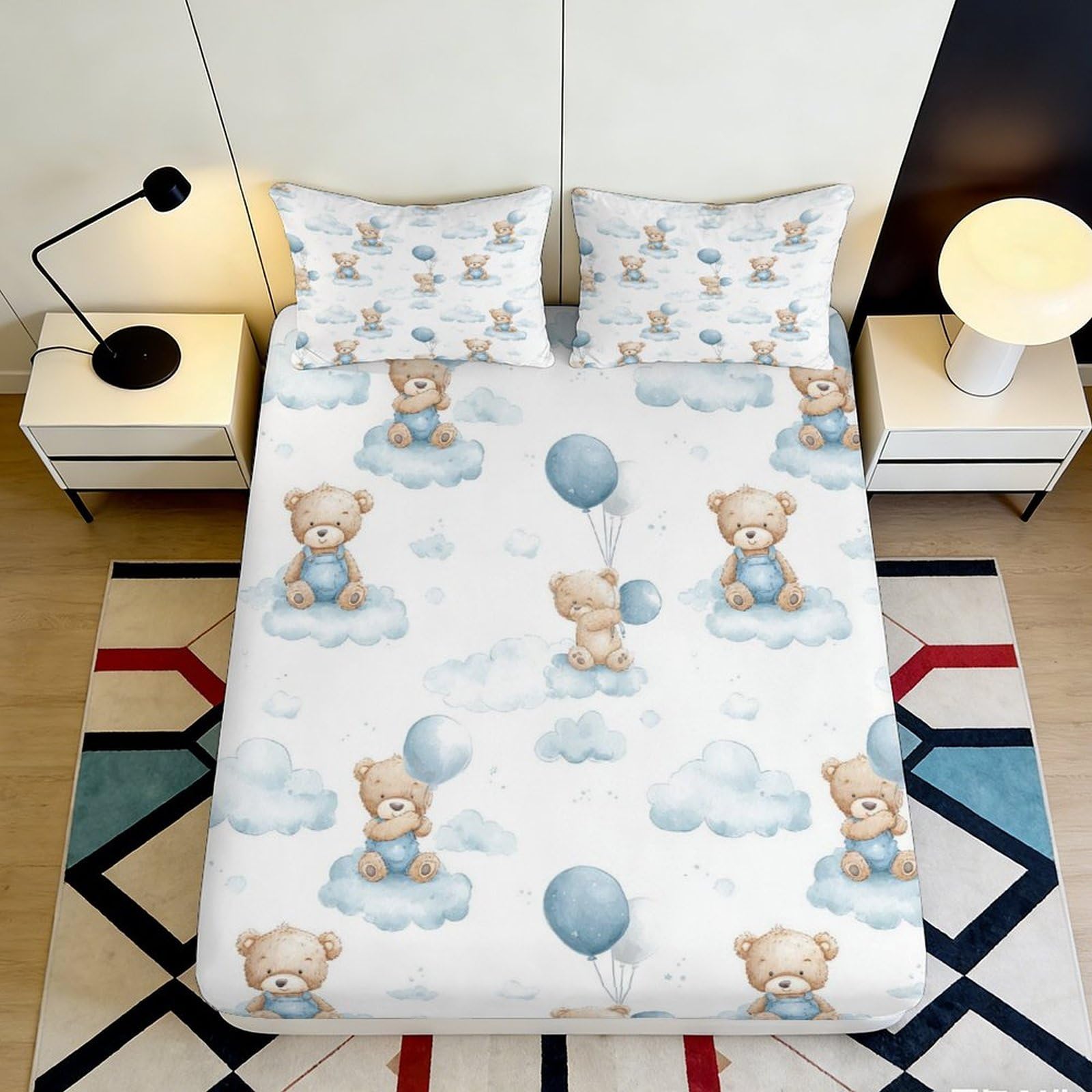 Pnayamiorkfel Style-9 3D Printed Teddy Bear Cloud Fitted Sheet Microfiber Soft Breathable Balloon Bed Cover For Bedroom Dorm Decor 90X200x25cm