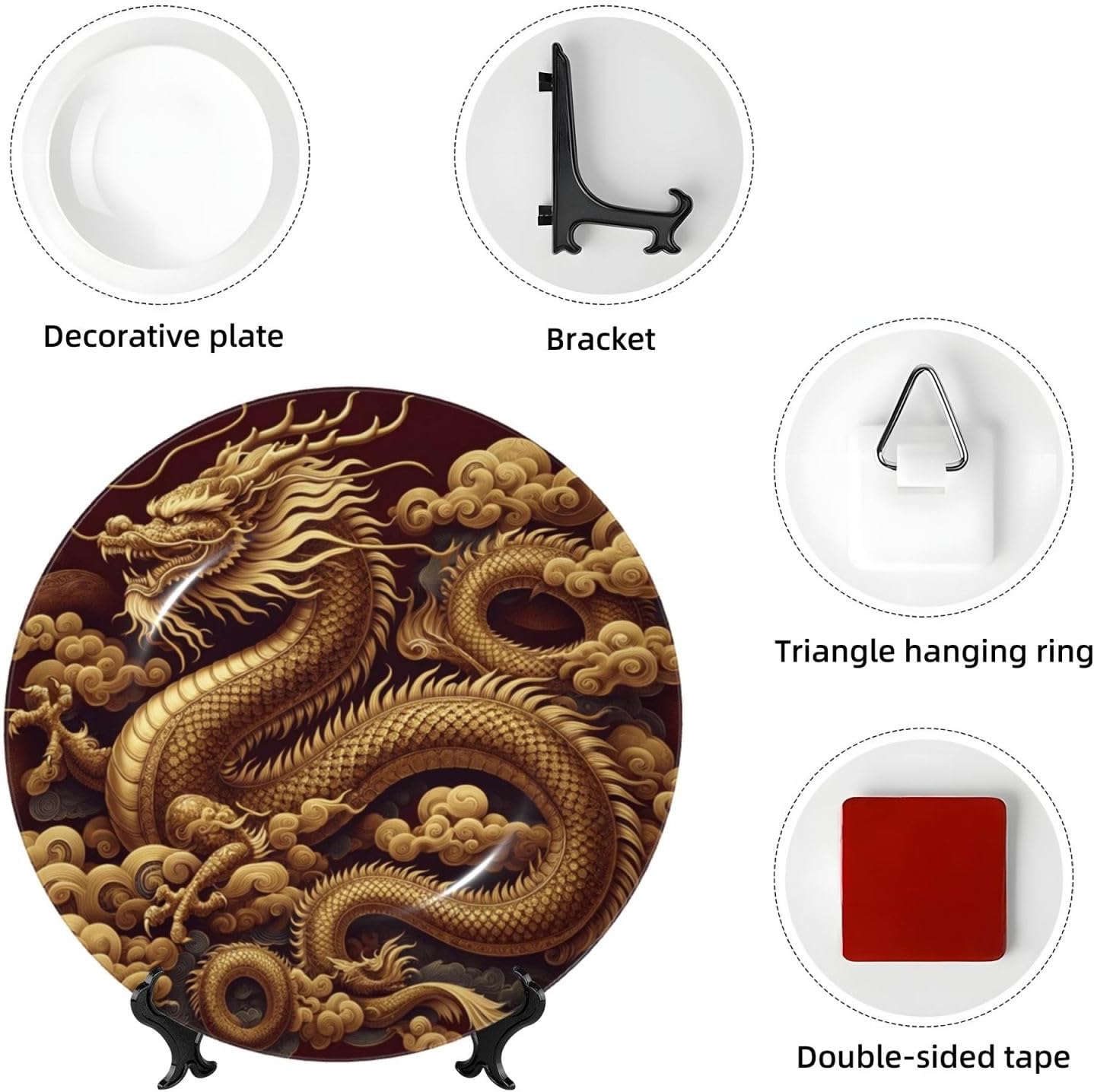 East-Asian-Dragon 10 Inch Decorative Plate With Stand, Elegant Display Wall Plate For Home Decor