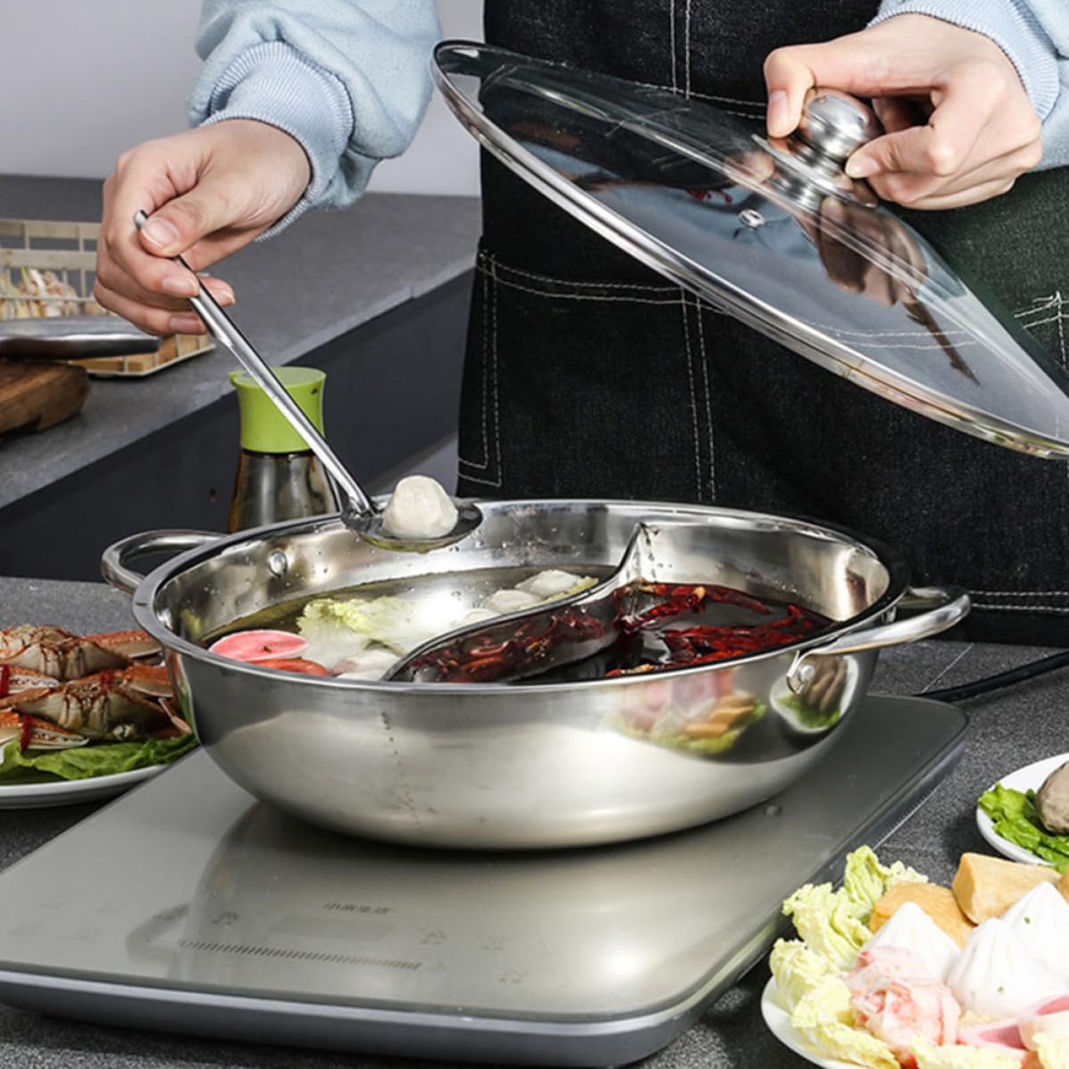 Abaodam Olla y Acabado Fino Caliente con Tapa Dividida de Acero Inoxidable Conducción Rápida de Calor para Cocina de Inducción Adecuado para Uso Hogar