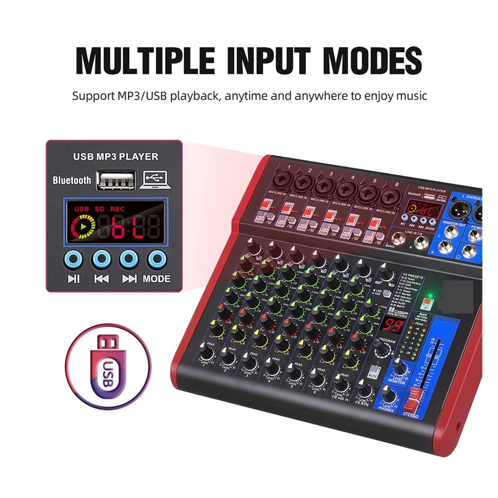 DJ-Audiomixer 8-Kanal-Mixer-Schnittstelle for DJ-Mischpult-Controller-Aufnahmestudio mit 99 DSP-Digitaleffekten