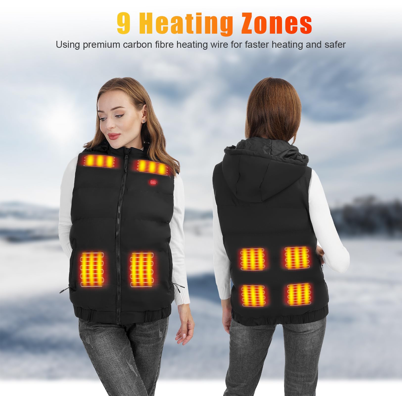 Rrtizan Gilet Riscaldato, Giacca Riscaldata Elettrica USB per Uomo e Donna, 3 Livelli di Temperatura, Giubbotto Riscaldato Impermeabile Invernale Caldo Lavabile per Caccia Moto Sci e Campeggio, Nero