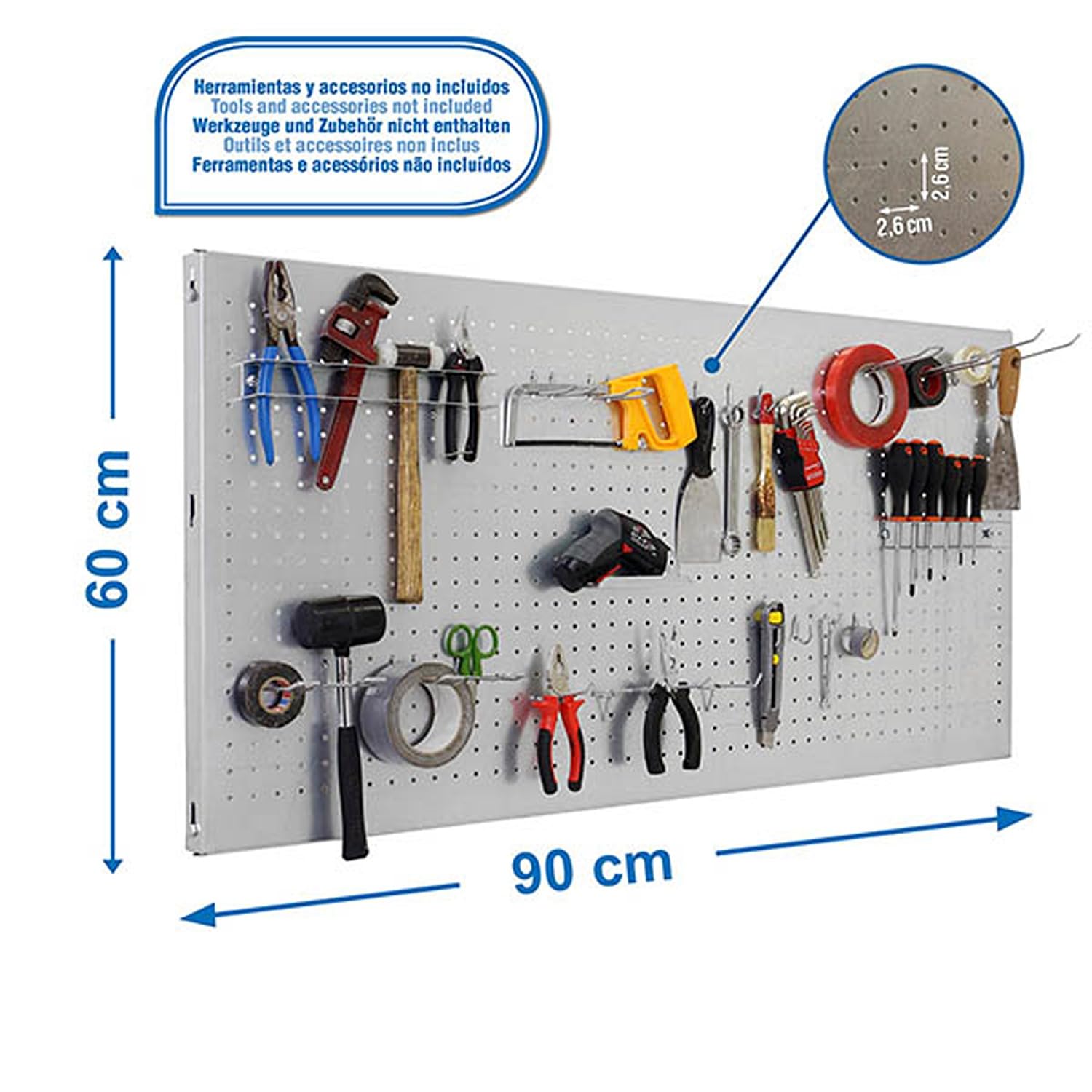 Simon Rack Pannello Portautensili in Metallo, Pannelli per attrezzi, Include 22 Ganci e 3 Mensole, 900x600 mm, Zincato - Simonwork