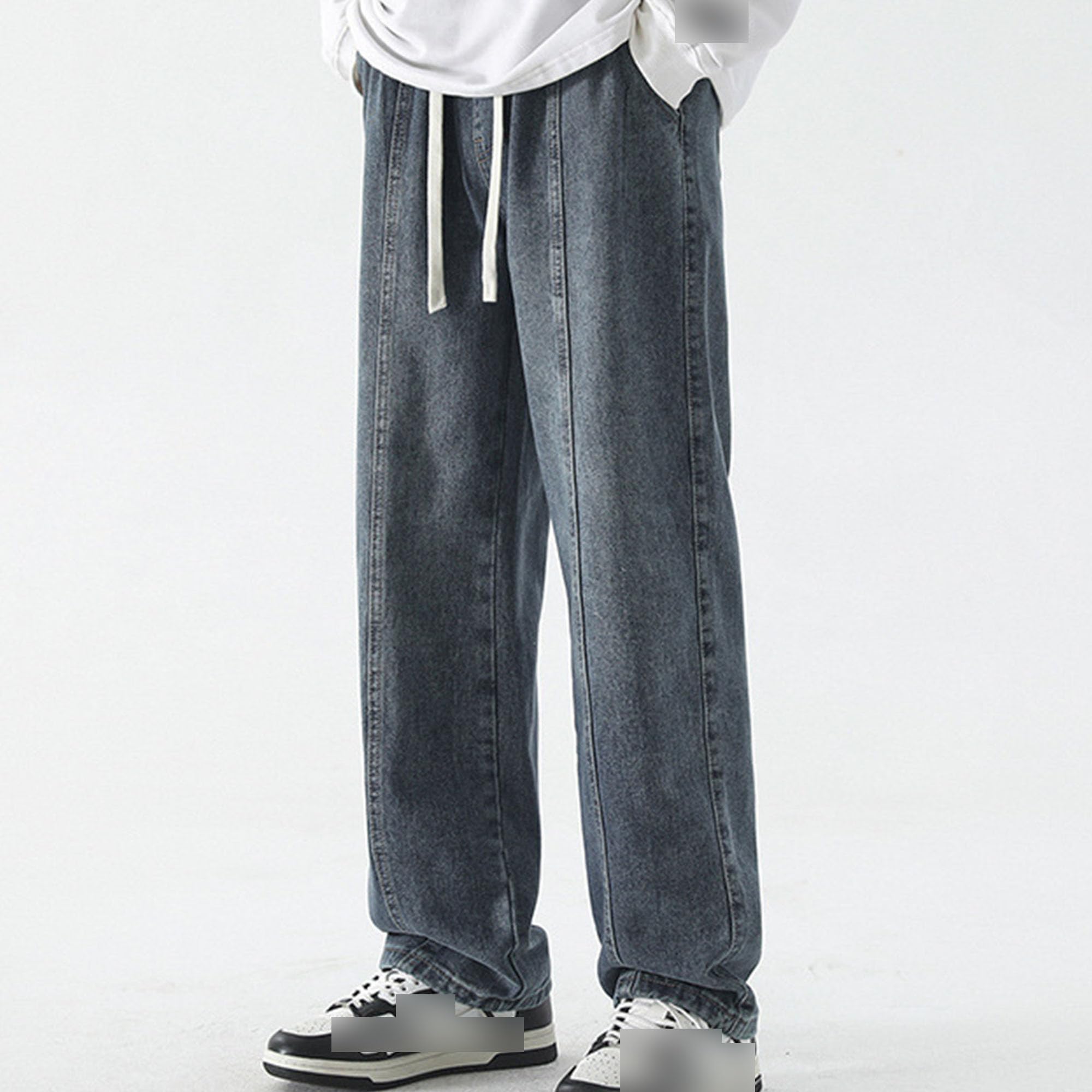 Mens Vintage High Street Jeans Distressed Elastic Drawstring Wide Leg Pants Straight Baggy Jeans Trousers (3X-Large,Blue 2)