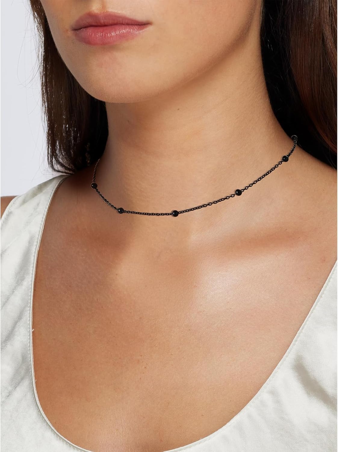 FOCALOOK Choker Necklace for Women Dainty 14K Gold Plated Double Layered Necklace Silver Black Metal Satellite Beaded Boho Choker Chain - Image 3
