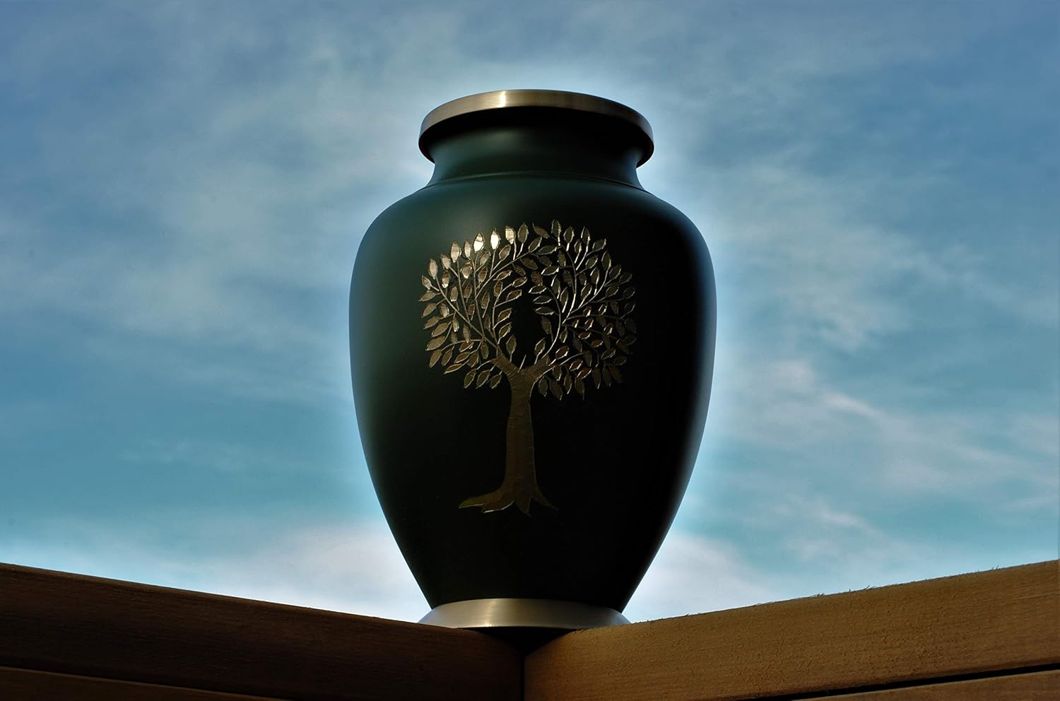 Today's A Gift Store Tree of Life Cremation Urn for Human Ashes, Large Adult Brass Urn, Seaweed Green Memorial Urn with Gold Engraving, Handcrafted Funeral Urn, Secure Lid with Velvet Bag(10.5 Inches)