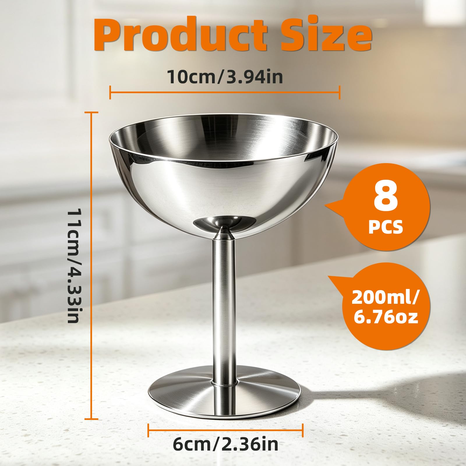 8 Stück Eisbecher, Eisschalen Eiscreme Dessertgläser mit Hohe Fuß, Vintage Edelstahl Dessertschale mit Fuß zum Servieren von Eis, Salat, Pudding und Obst für Partys, Dessertschalen aus 304 Edelstahl
