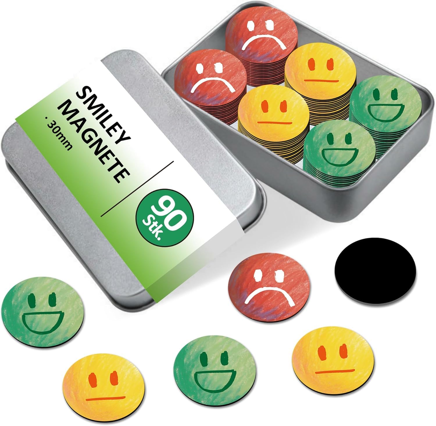 BIROYAL Pack of 90 Smiley Magnets Reward Board | Magnets Smiley Diameter 30 mm | Fridge Magnet for Whiteboard, Reward Children, Blackboards | Strong Adhesive Flat Magnet | Teacher Accessories | 3