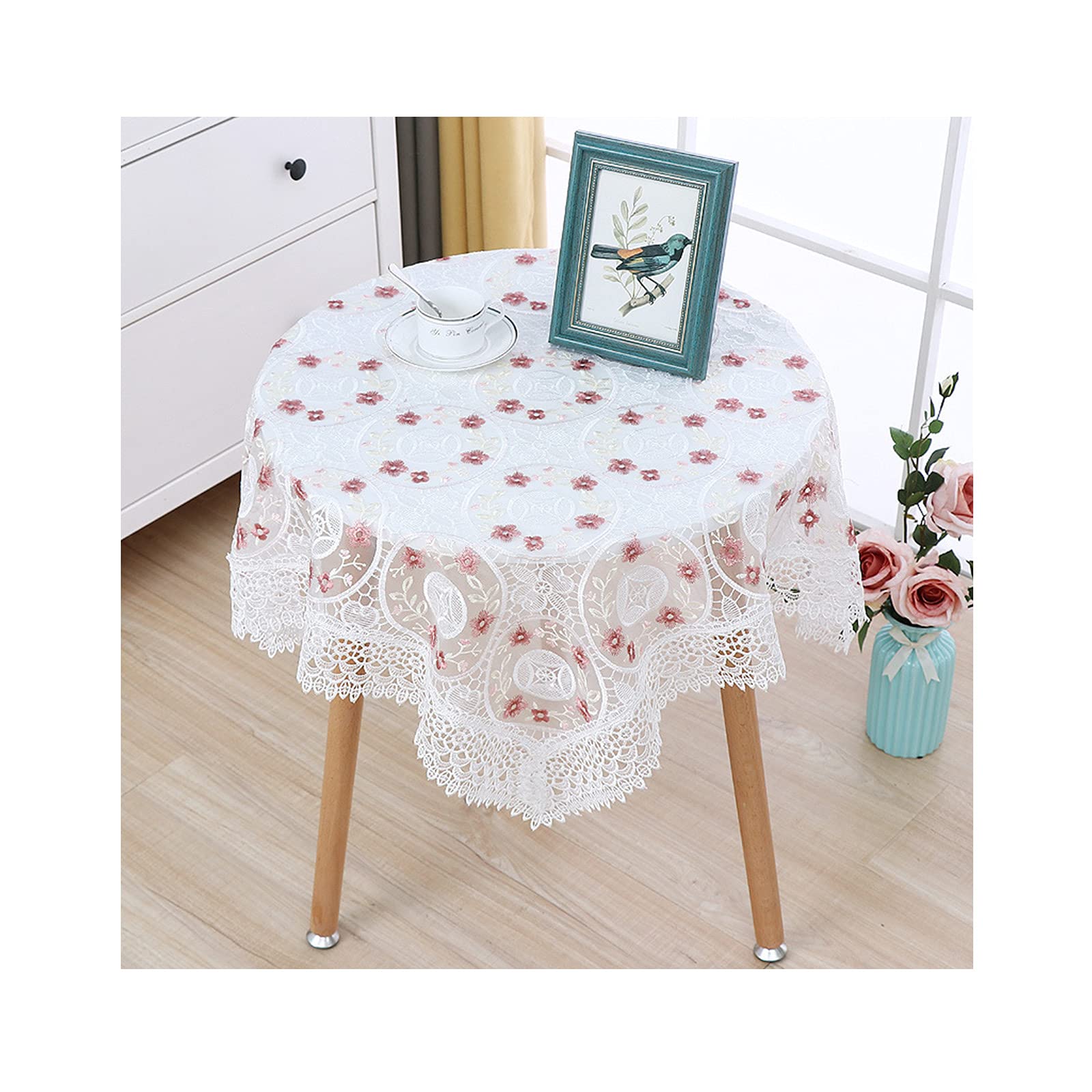 Nappe brodée en dentelle fleurie de 180cm lavable et ronde