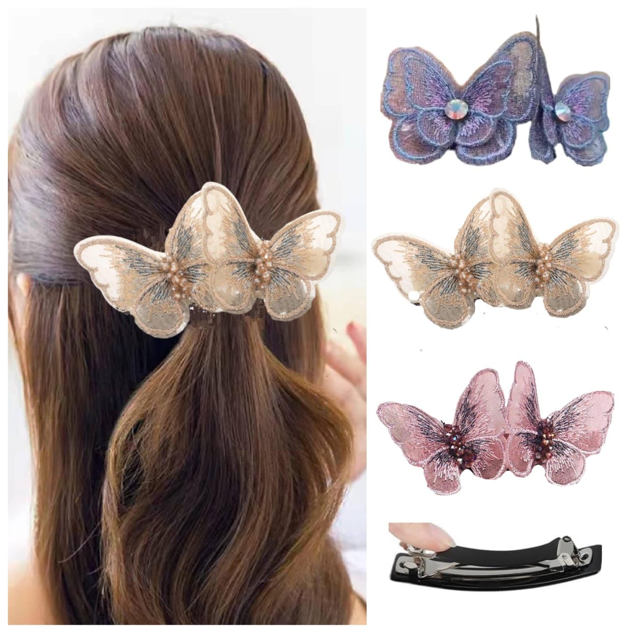 HAIR WALA™ 03 PCS Double Butterfly Decorative Barrettes Hair Clip Set, Hair Accessories for Girls, Womens, 3 Colours - Purple, Gold, Pink, with Black Base Clip