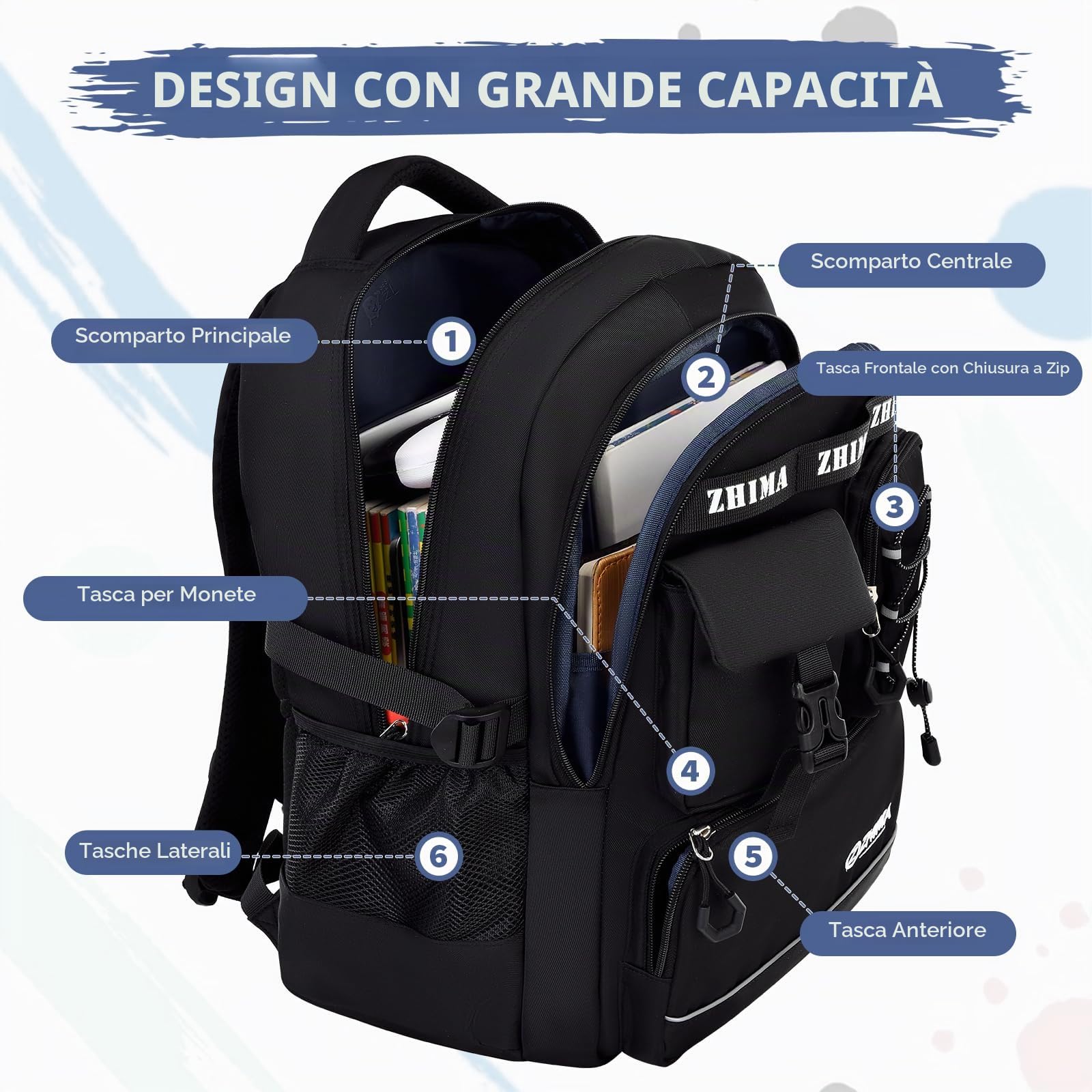 Amythe Zaino Scuola Ragazzi Teen 8 a 18 anni Grande Riflettente Liceo, Nero | Impermeabile Scomparto Laptop Viaggio Leggero Nero Daypack Multitasche Capiente Resistente per Scuola Escursione Tempo Libero