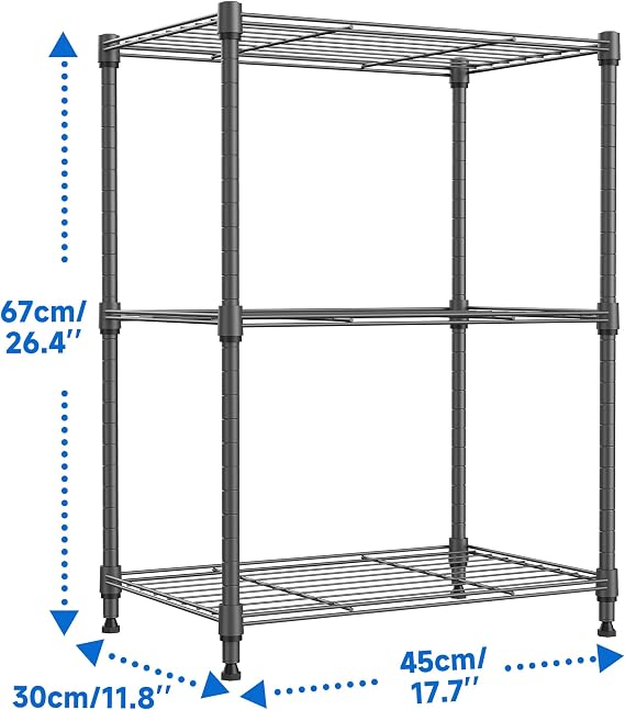 M MZG Storage Shelves 3 Tier Heavy Duty Metal Storage Unit With Height Adjustable Shelves and Levelling Feet 204.3 kg Load Weight Organizer for Garage, Laundry, Kitchen 30 x 45 x 67 cm Grey