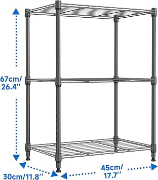 M MZG Storage Shelves 3 Tier Heavy Duty Metal Storage Unit With Height Adjustable Shelves and Levelling Feet 204.3 kg Load Weight Organizer for Garage, Laundry, Kitchen 30 x 45 x 67 cm Grey