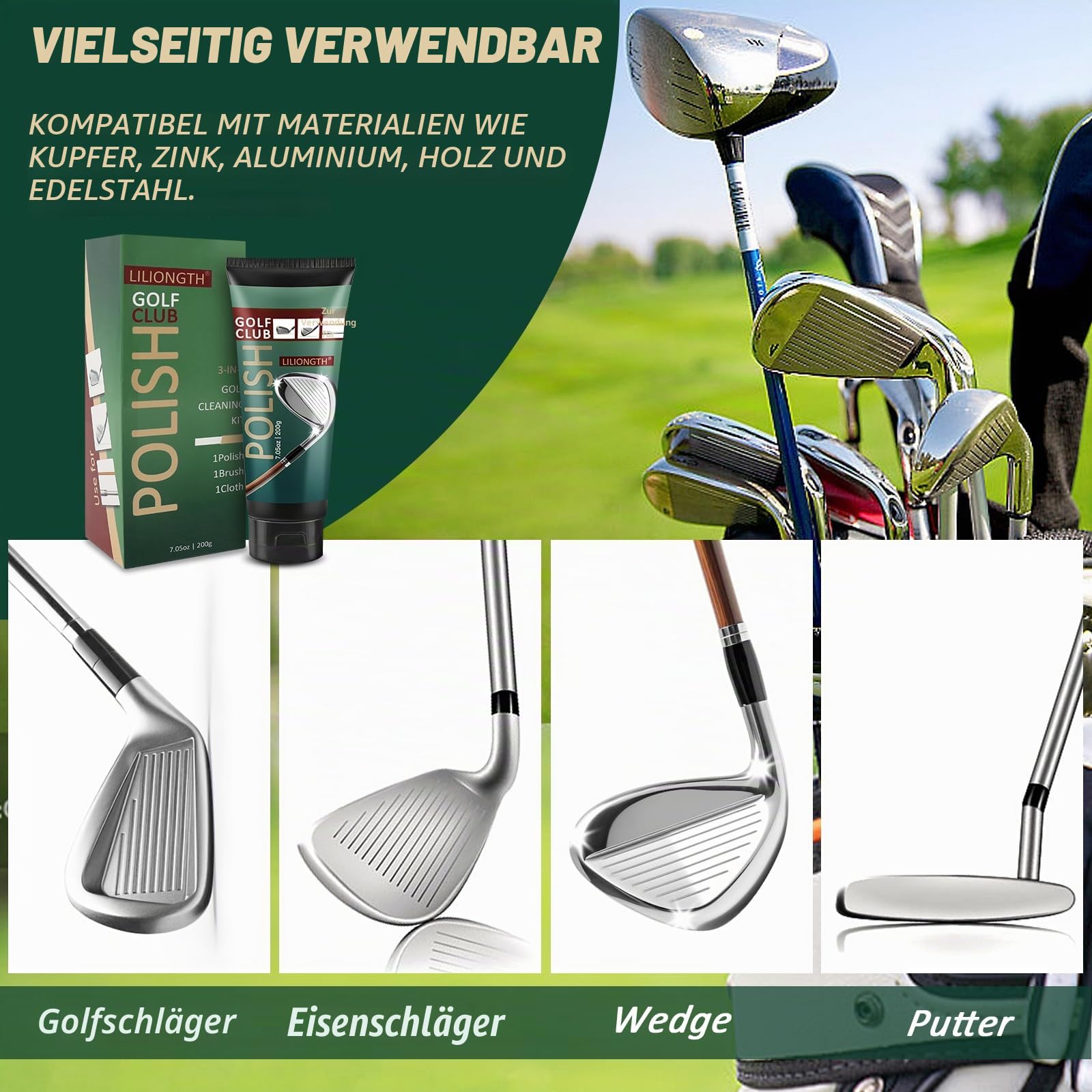 Golfschläger-Reinigungsset 3-in-1 mit Golfschläger-Reinigungsbürste, Handtuch und 200 g Golfschläger-Politur – Golfschläger-Pflegeset für sofortigen Rillenrost & Kratzerentferner