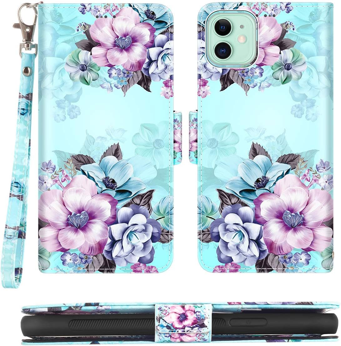 Casetego for iPhone 11 Case,Detachable Magnetic Wallet Case PU Leather Full Body Protective Case with Credit Card Holders, Wrist Strap for Apple iPhone 11 6.1 inch,Blue Flower