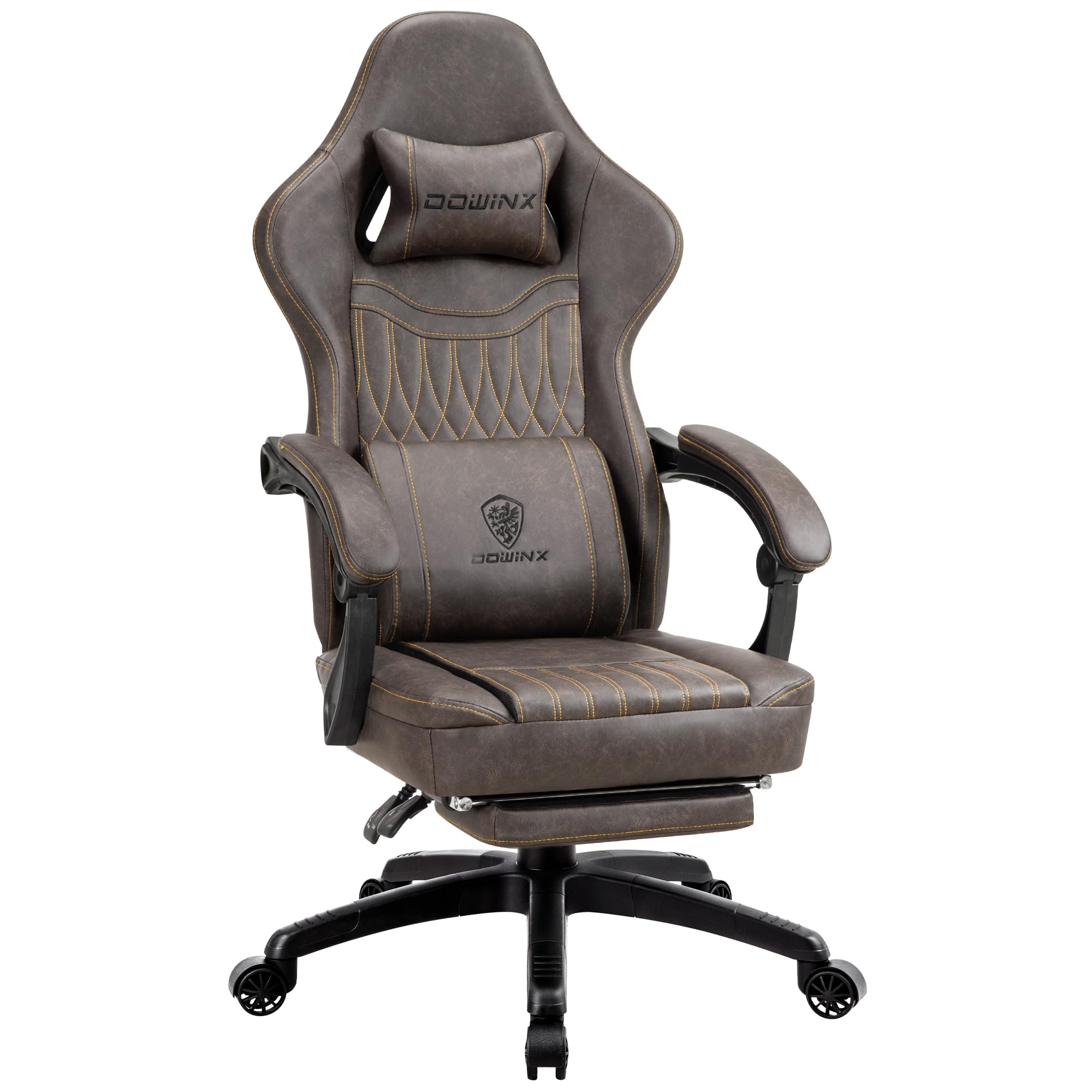 Dowinx Gaming Chair – Massage Cushion, Premium PU Leather, Ergonomic Design with Footrest, 360° Swivel, Adjustable Neck & Lumbar Pillow for Back Support, Home & Office Chair (Brown)