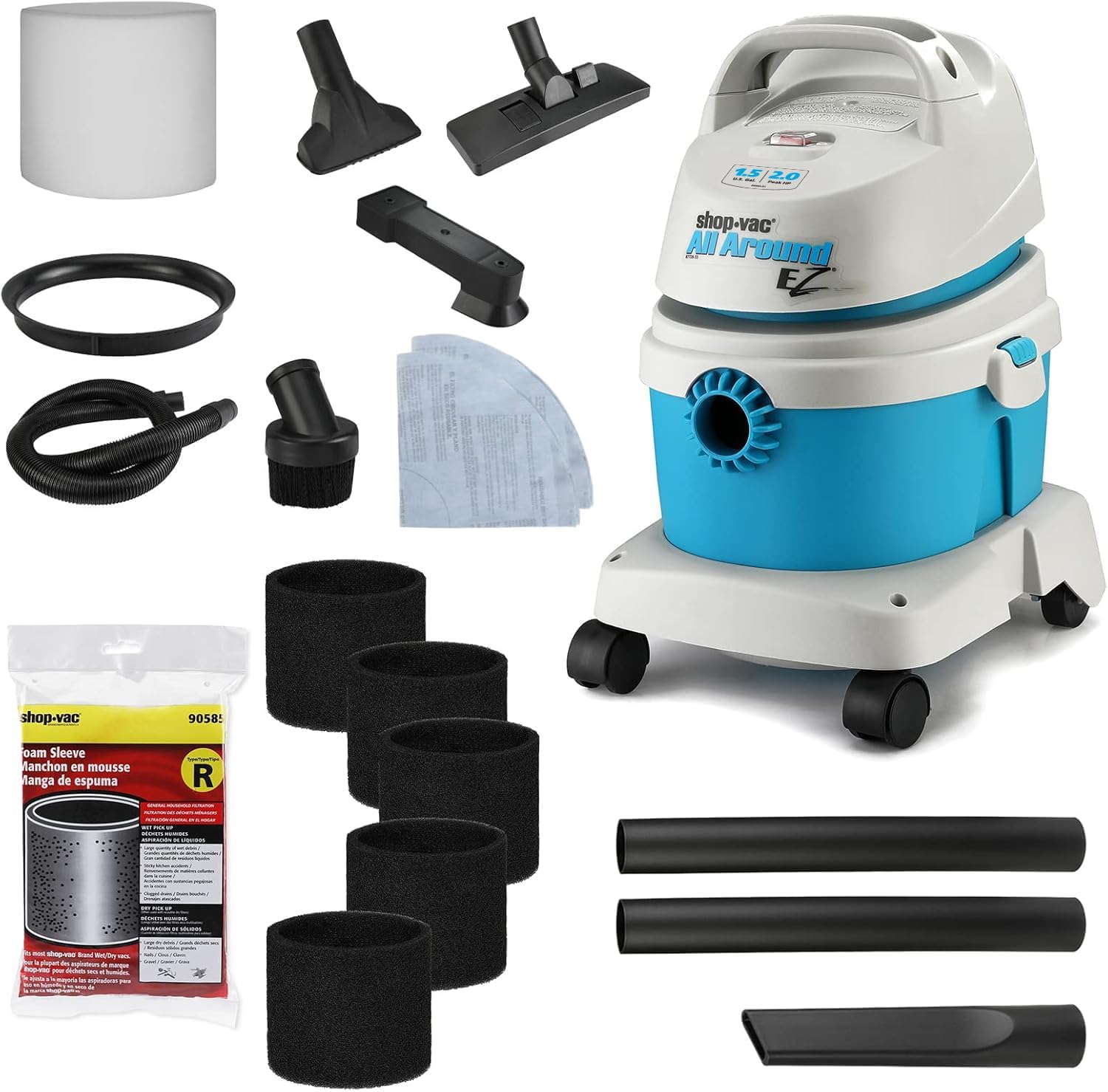 Shop-Vac 5895100 1.5 Gallon 2.0 Peak HP Wet/Dry Vacuum + 90585 Foam Sleeve Filter 5 Pack