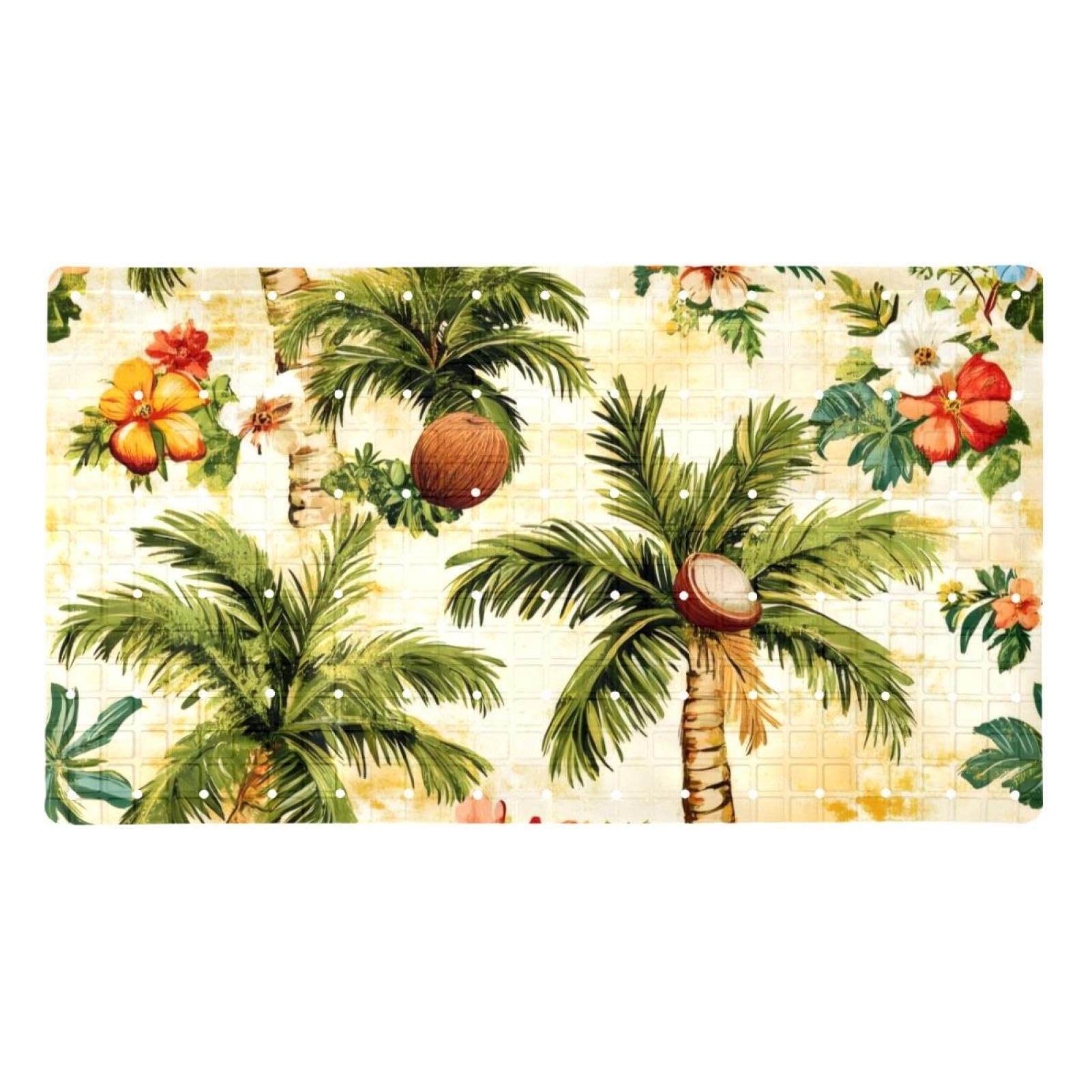 Badematte mit Saugnäpfen, Motiv: Sommerpalme, Kokosnuss und Wildblume, 39,9 x 70,9 cm, rutschfeste Badezimmermatten, maschinenwaschbar