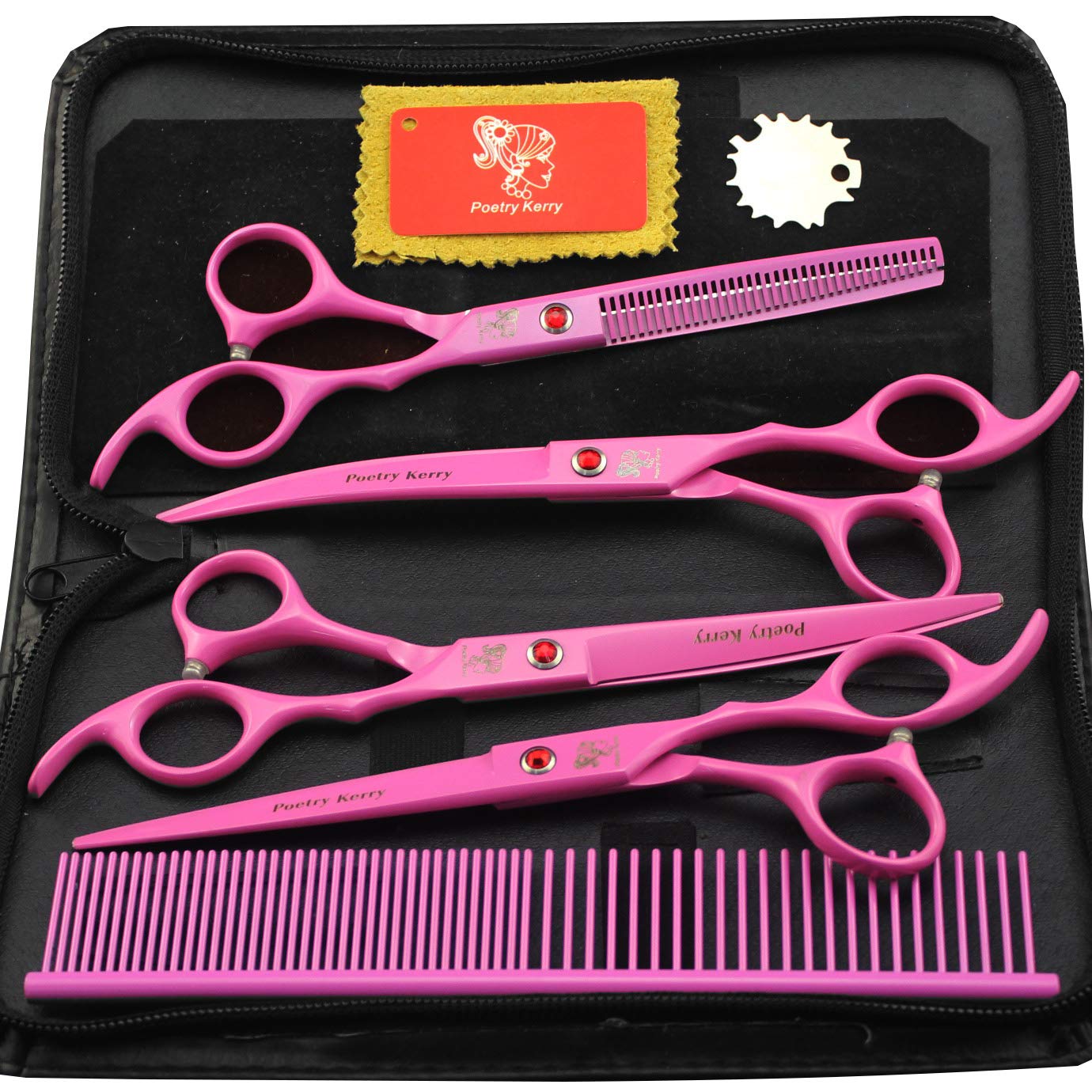 7 pulgadas Japón 440C material doble mango tijeras de peluquería para mascotas suministros de peluquería 4 piezas tijeras planas tijeras curvas tijeras finas Set asequible Enviar peine (juego rosa)